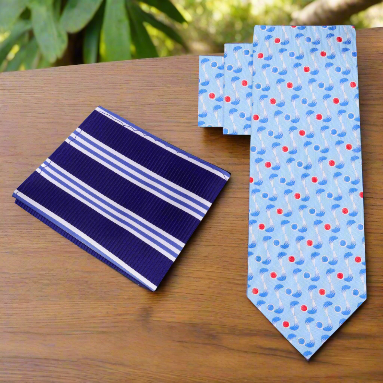 Alt: Light Blue, Red, White Boomerang Necktie and Accenting Blue Stripe Square