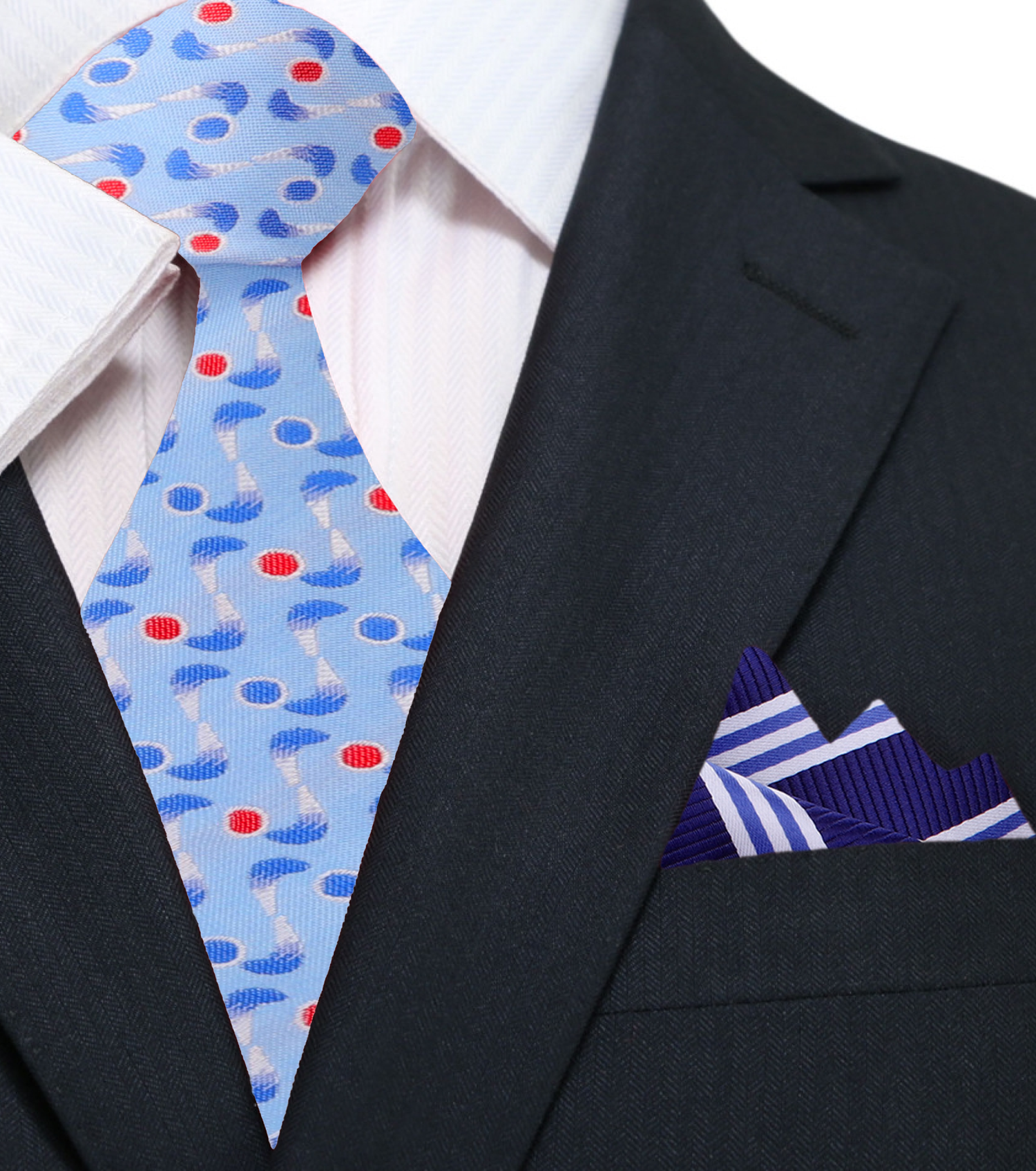 Light Blue, Red, White Boomerang Necktie and Accenting Blue Stripe Square