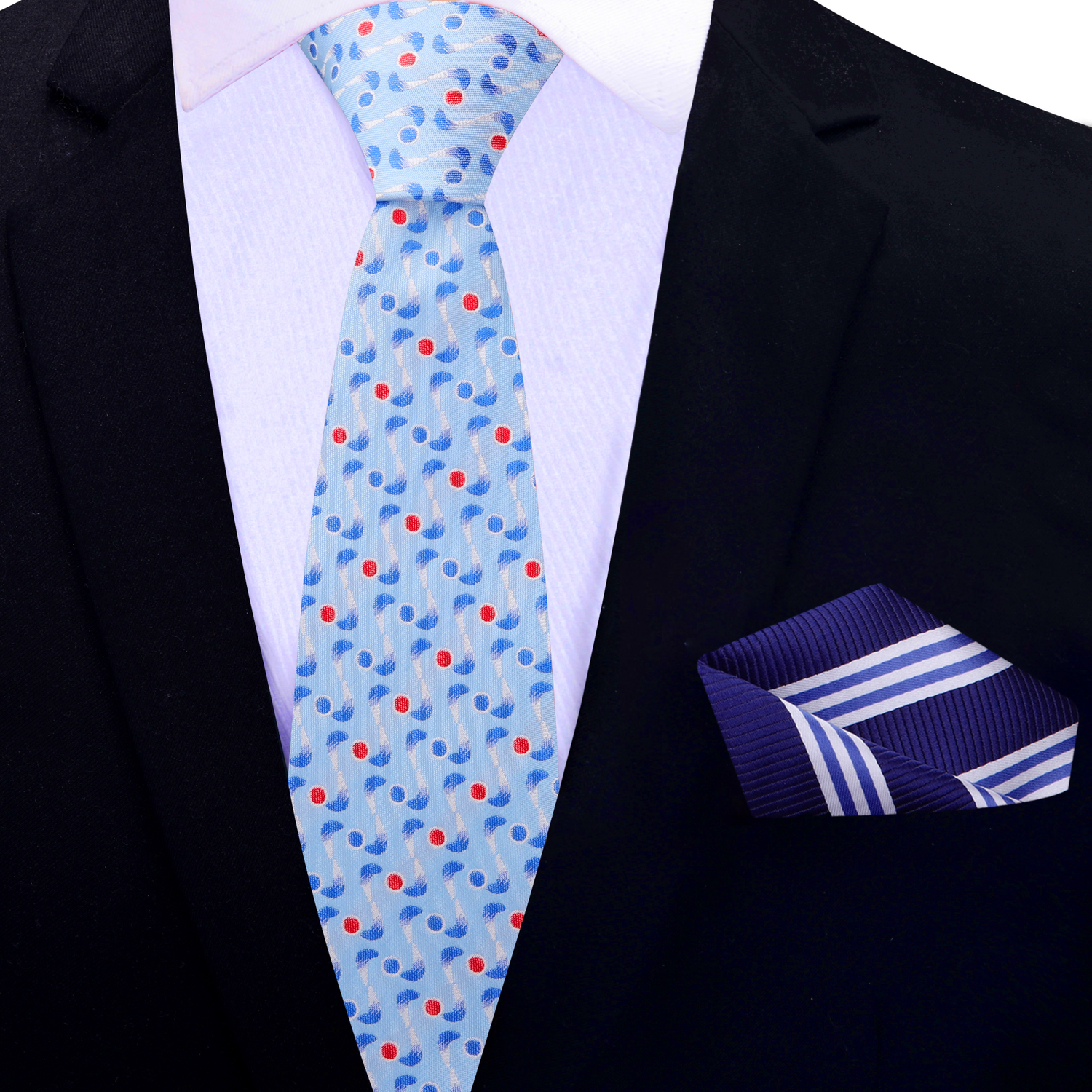 Thin: Light Blue, Red, White Boomerang Necktie and Accenting Blue Stripe Square