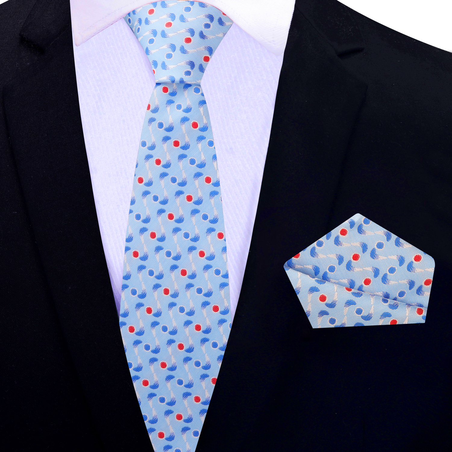 Thin: Light Blue, Red, White Boomerang Necktie and Square