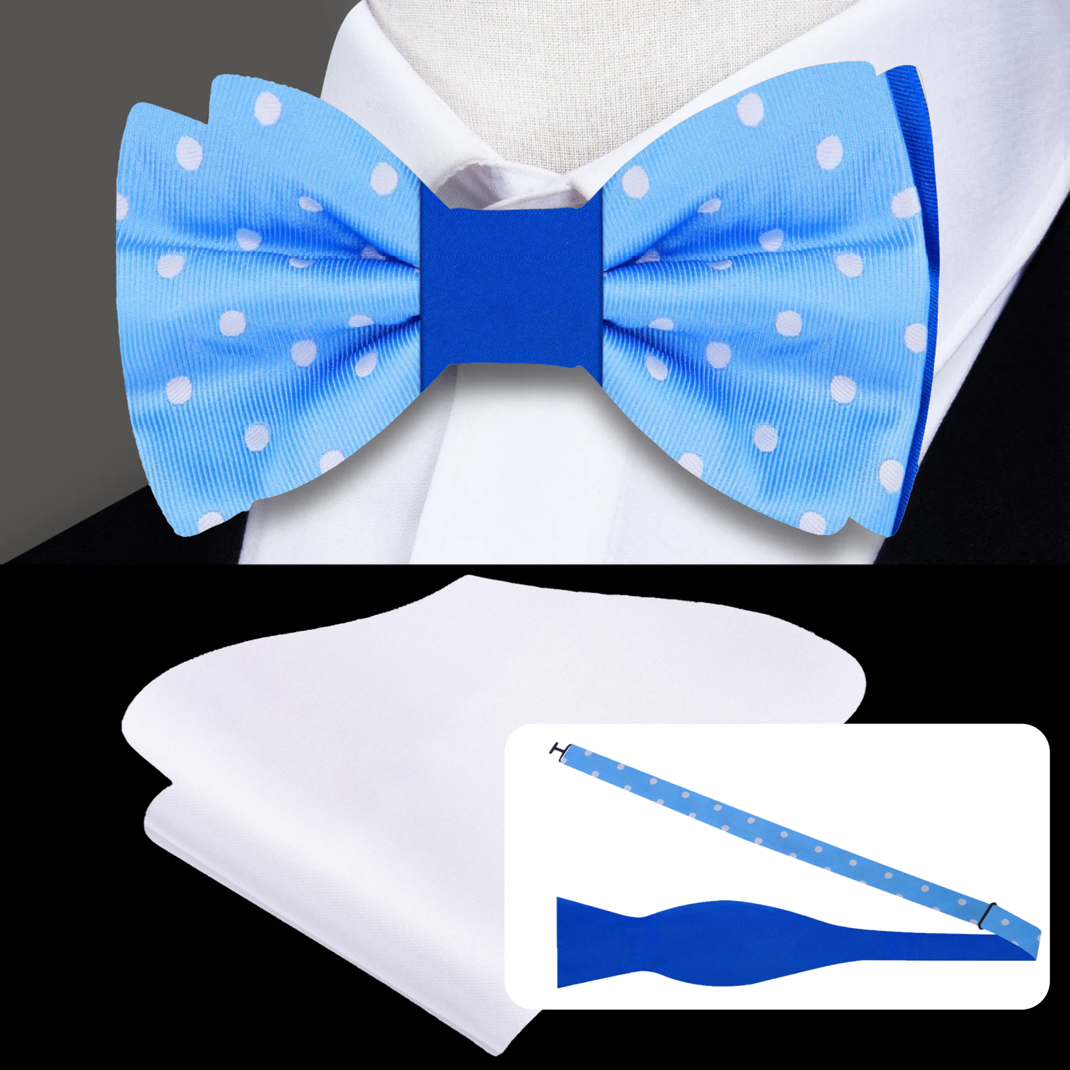 Shades of Blue Polka, White Polka/Solid Bow Tie and Solid White Pocket Square