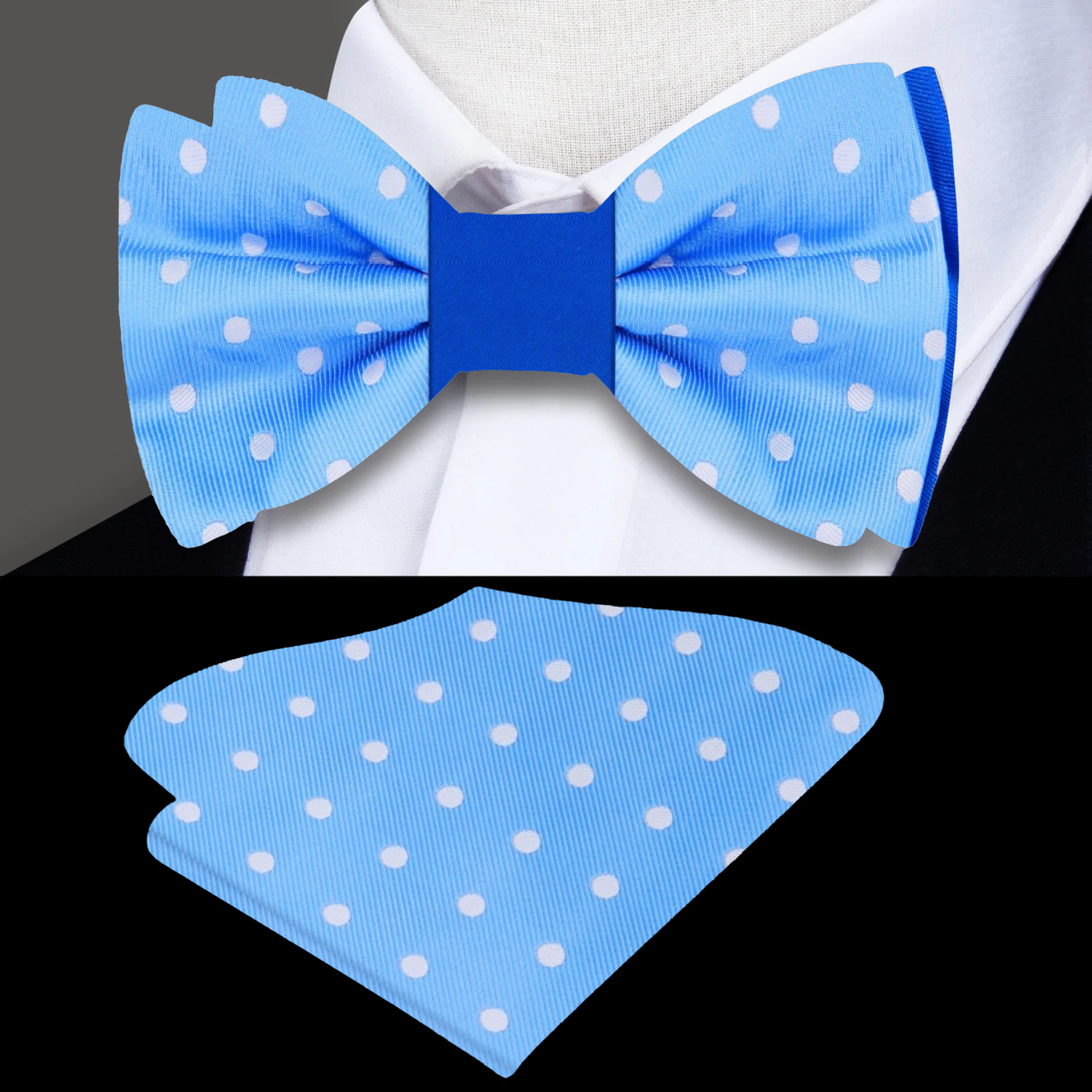 Shades of Blue Polka, White Polka/Solid Bow Tie and Pocket Square