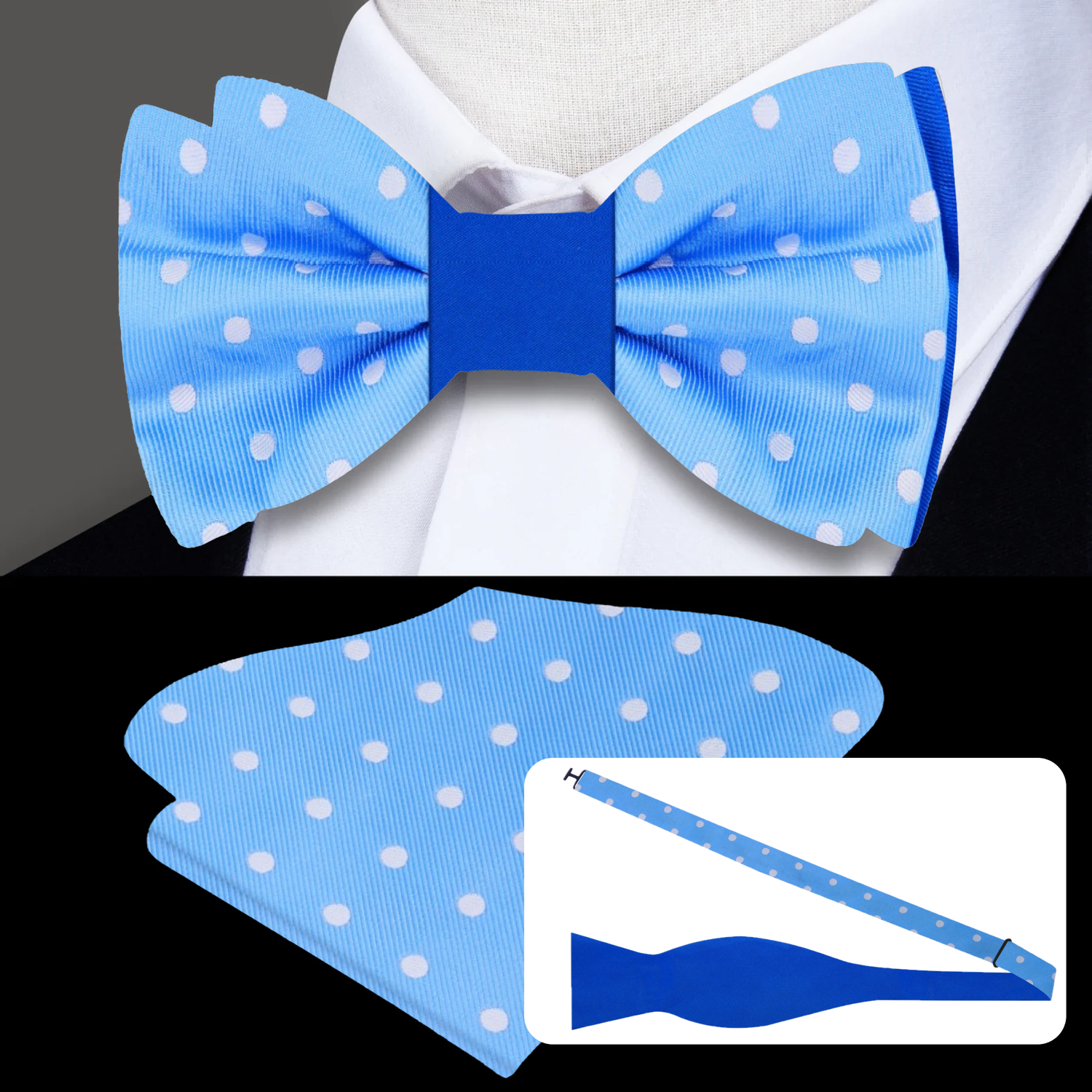 2 Shades of Blue Polka, White Polka/Solid Bow Tie and Pocket Square