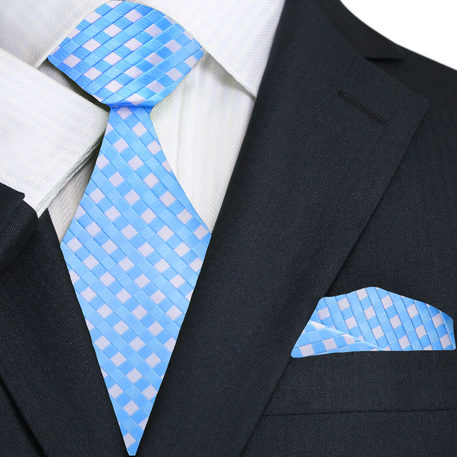 Blue checkered tie and pocket square set on a suit jacket