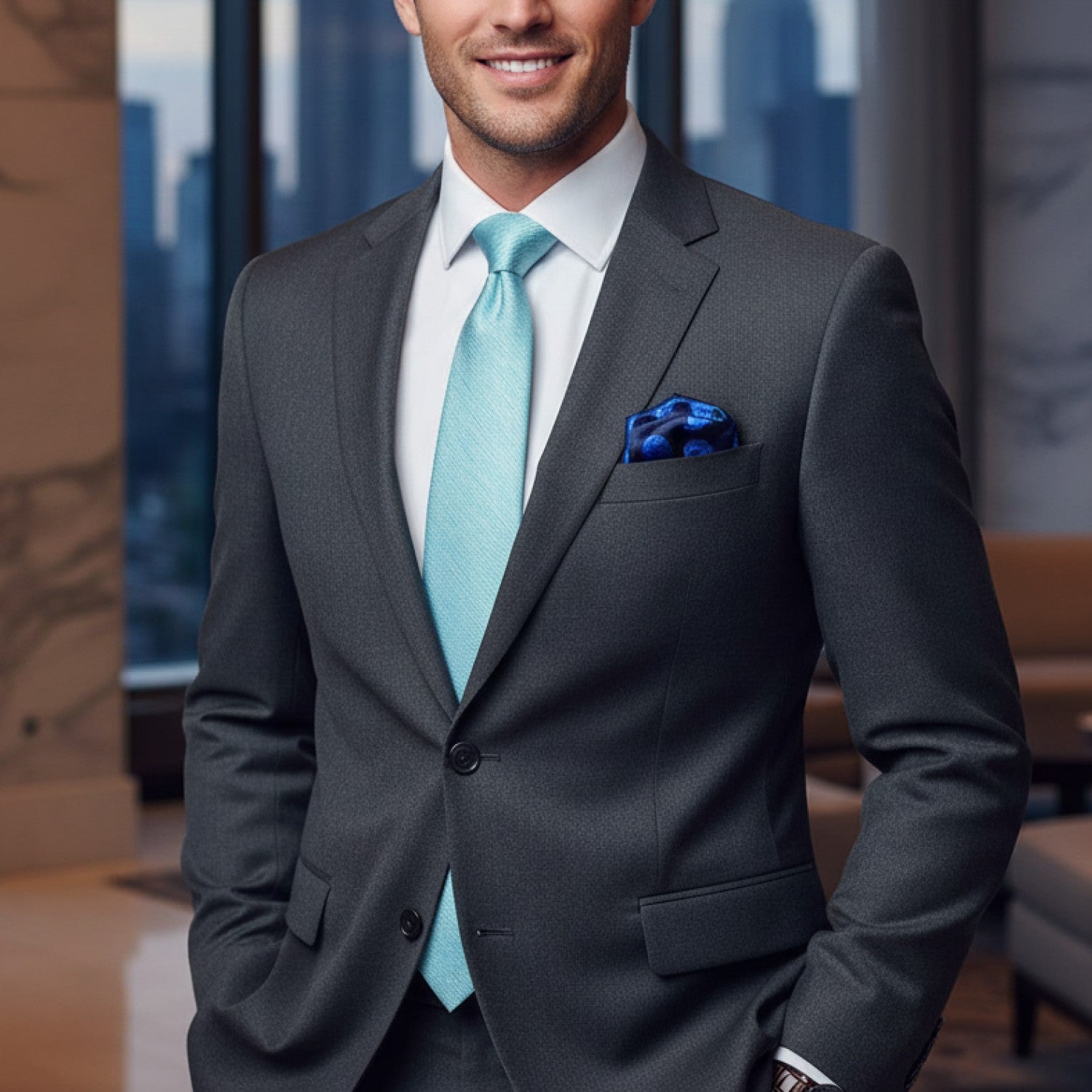 Man wearing a gray suit with a light blue tie and blue pocket square, standing indoors.