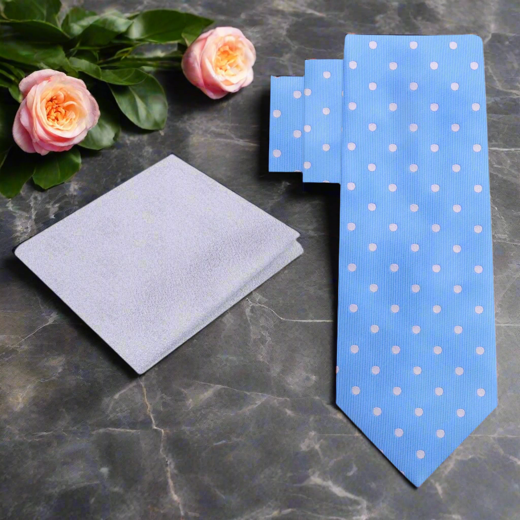 Light Blue and White Polka Tie and Silver Square