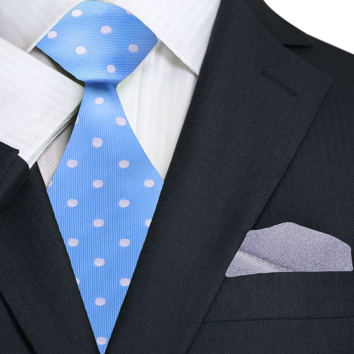 Light Blue and White Polka Necktie and Silver Square
