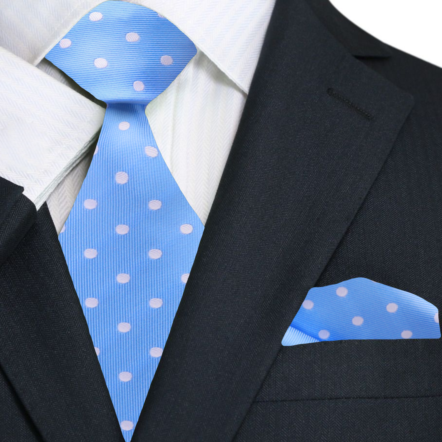 Light Blue and White Polka Necktie and Matching Square