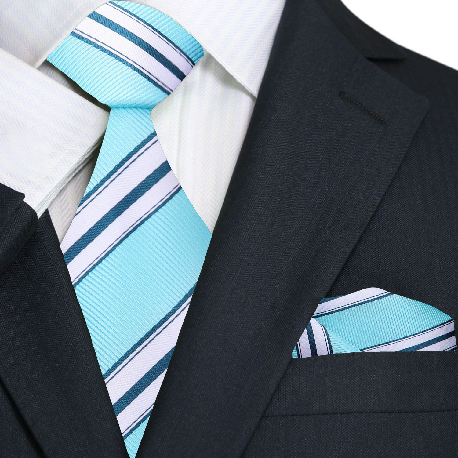 Teal striped tie and matching pocket square with a black suit jacket.