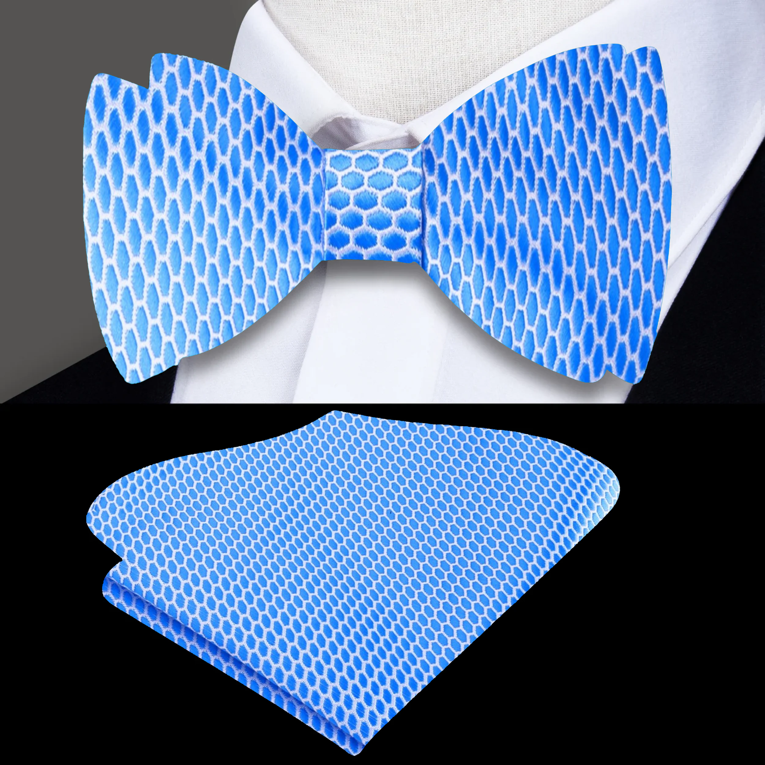 Light Blue Geometric Bow Tie and Pocket Square