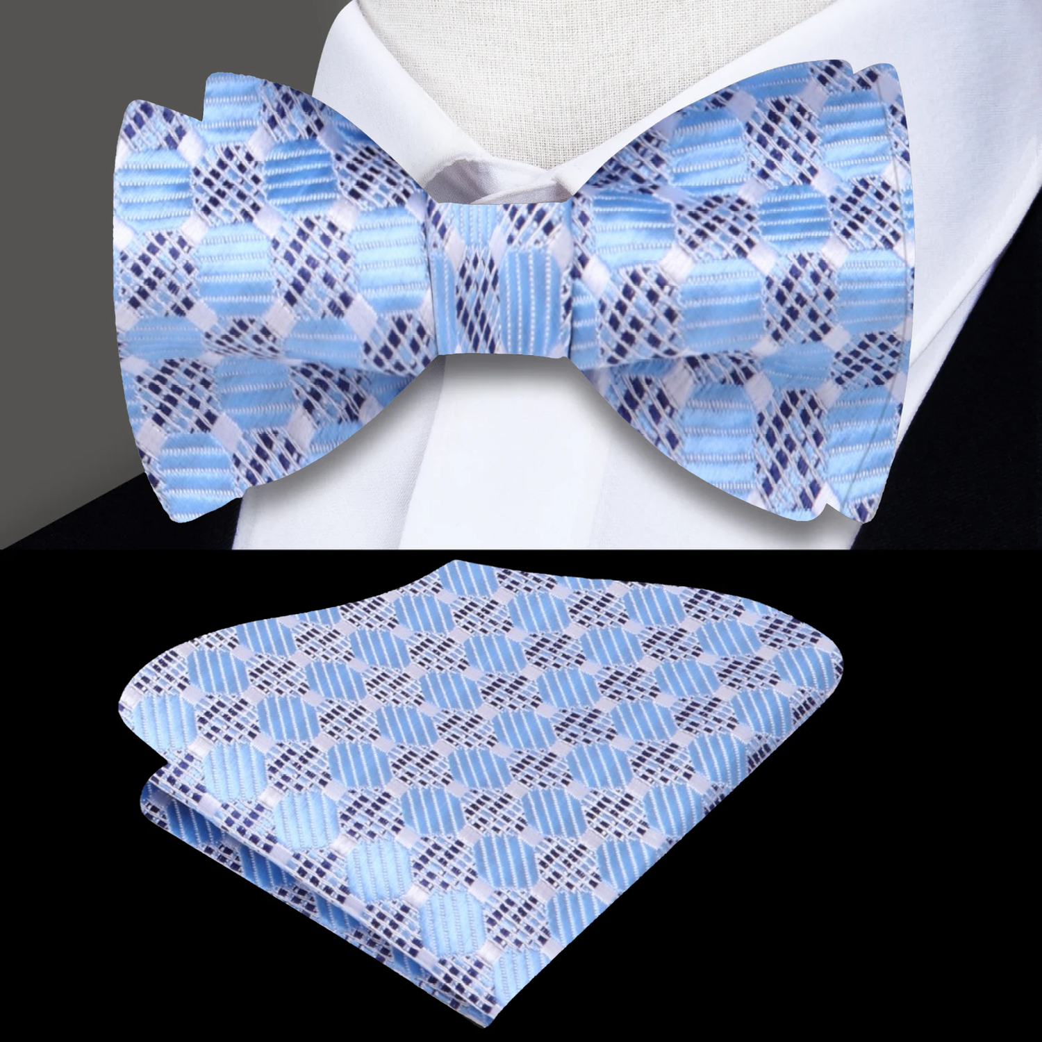 Blue Geometric Bow Tie and Pocket Square