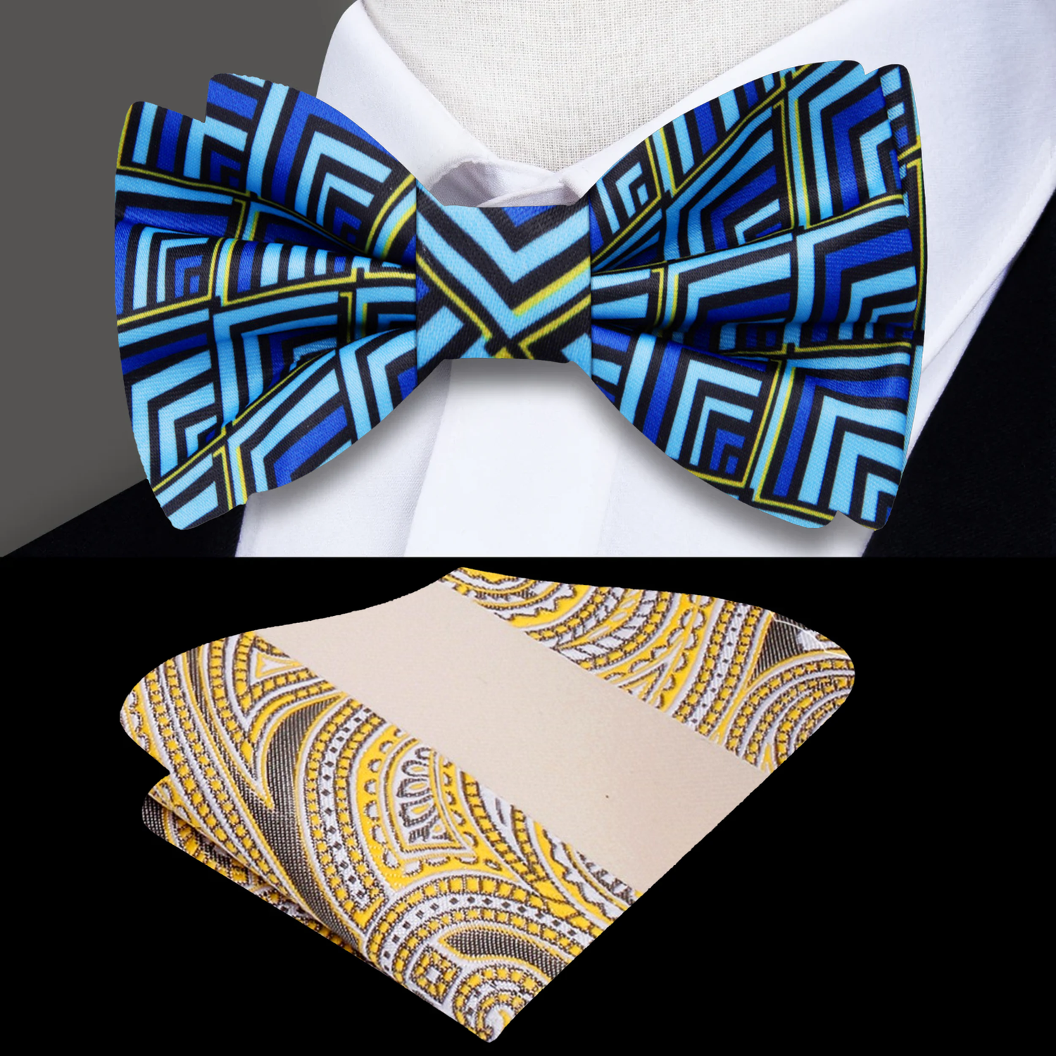 Light Blue Yellow Geometric Bow Tie and Accenting Square