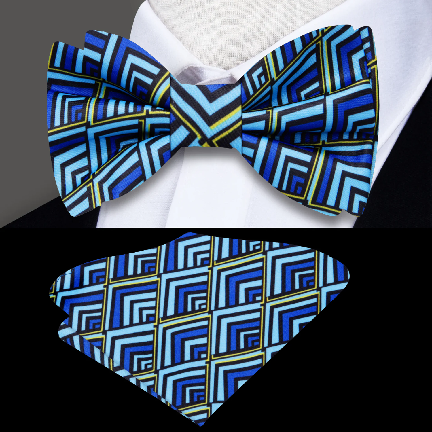 Light Blue Yellow Geometric Bow Tie and Square