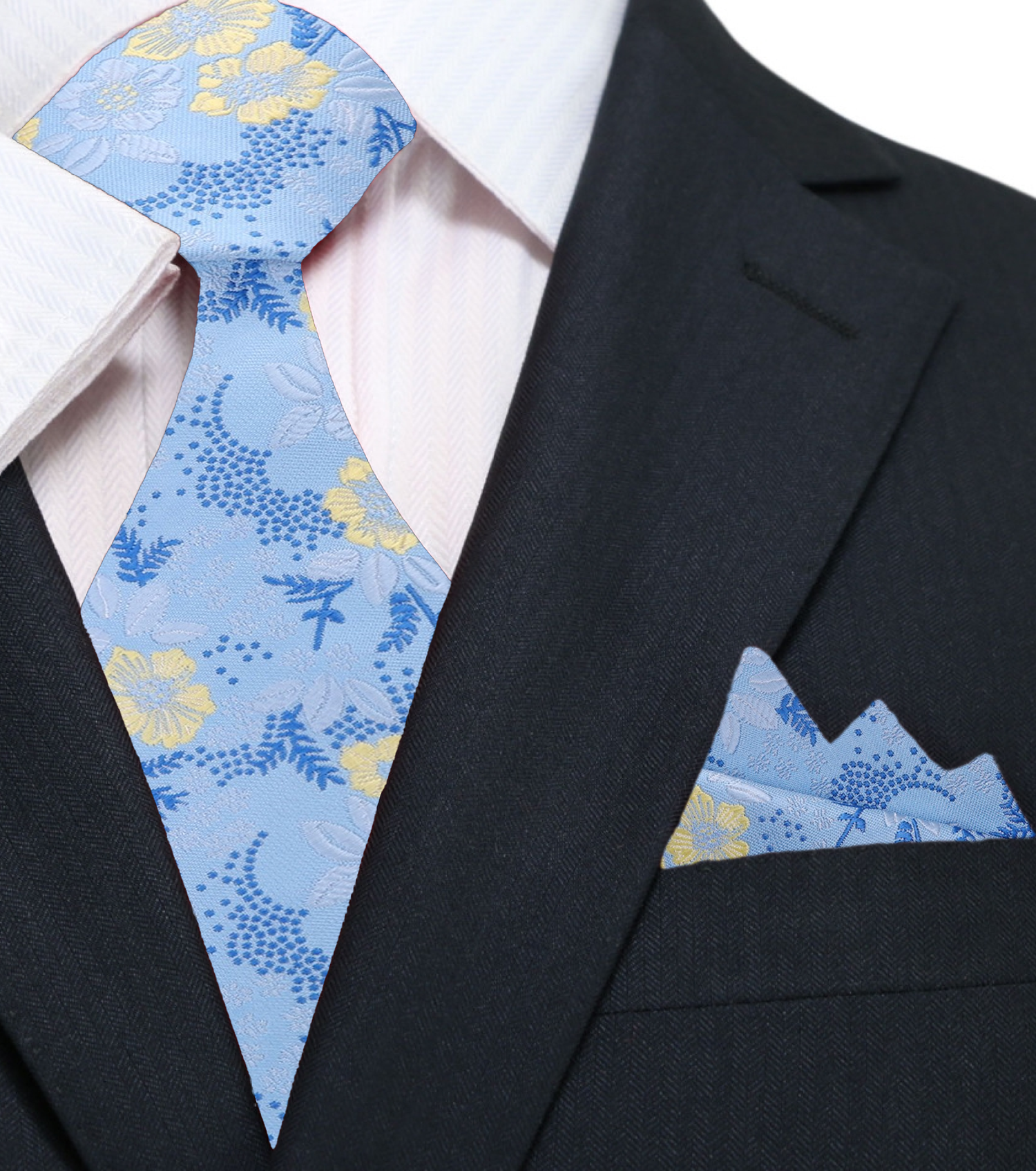 Main: Light Blue, Blue, Light Yellow Floral Tie and Pocket Square