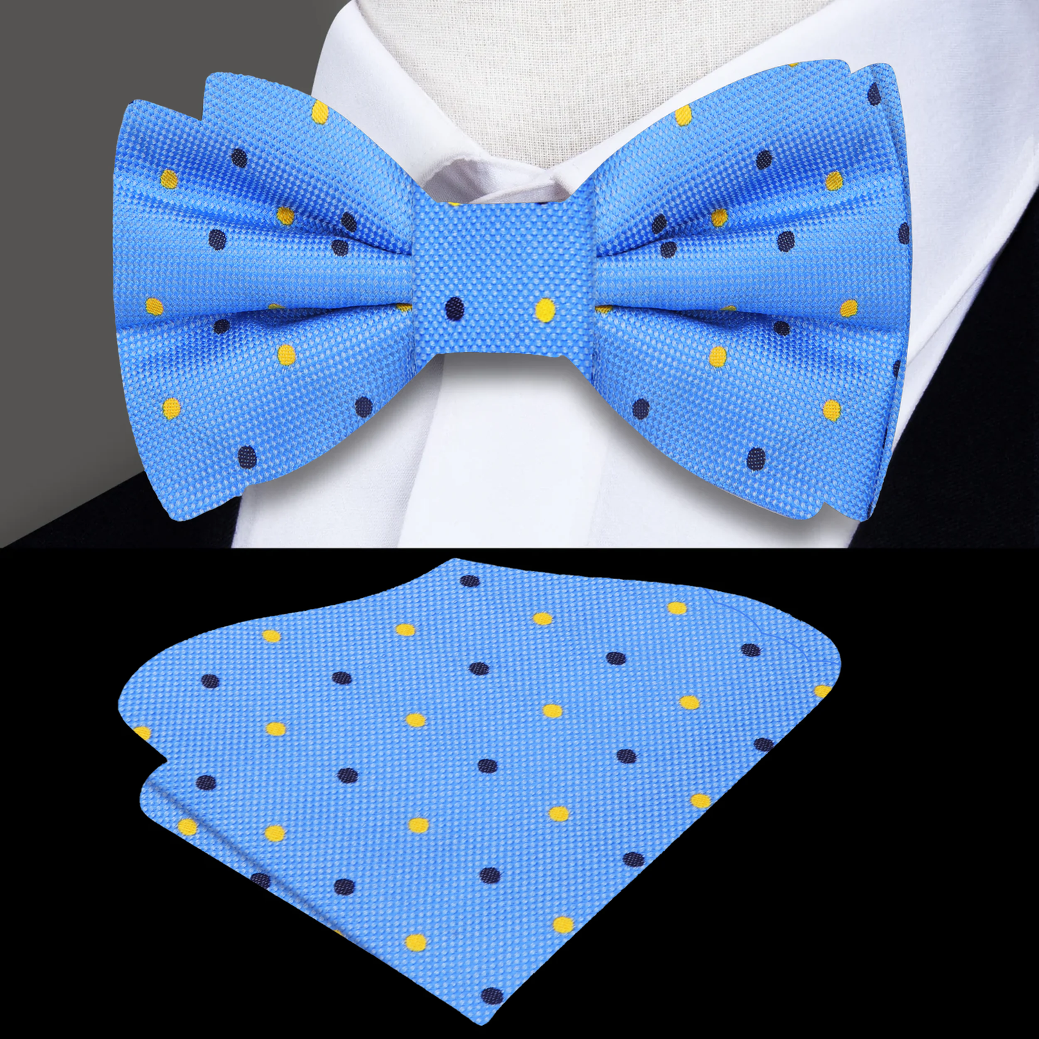 Light Blue with Dark Blue, Yellow Color Dots Bow Tie and Pocket Square