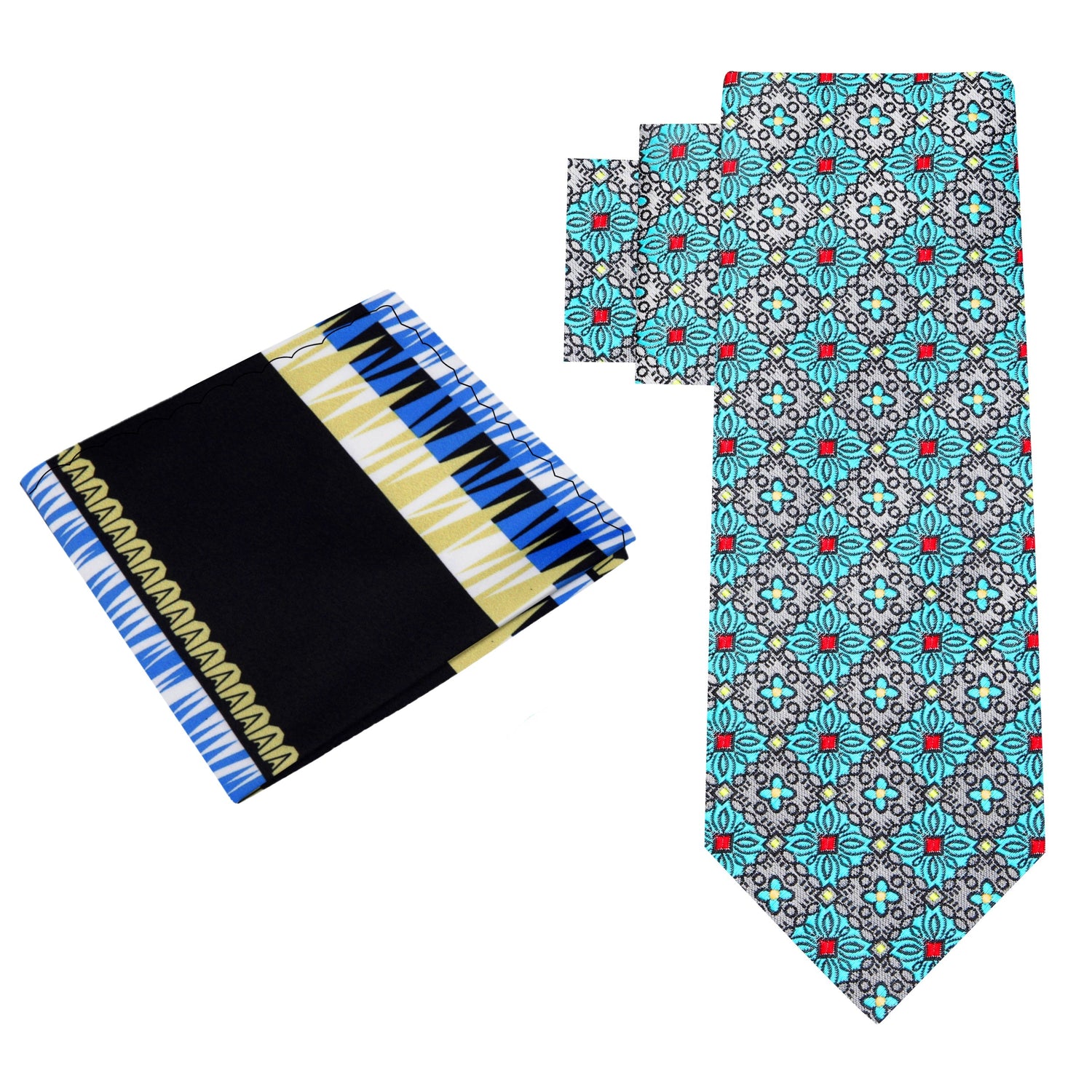 Alt View: Grey, Light Blue Geometric Necktie and Accenting Black Abstract Square