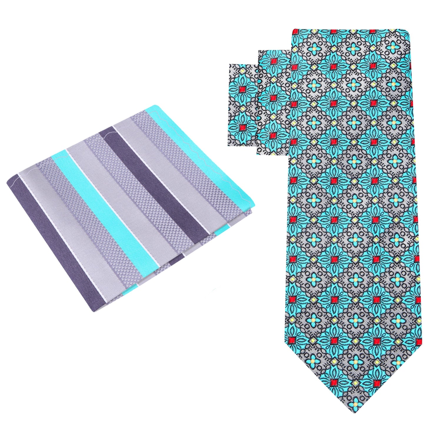 Alt View: Grey, Light Blue Geometric Necktie and Accenting Stripe Square