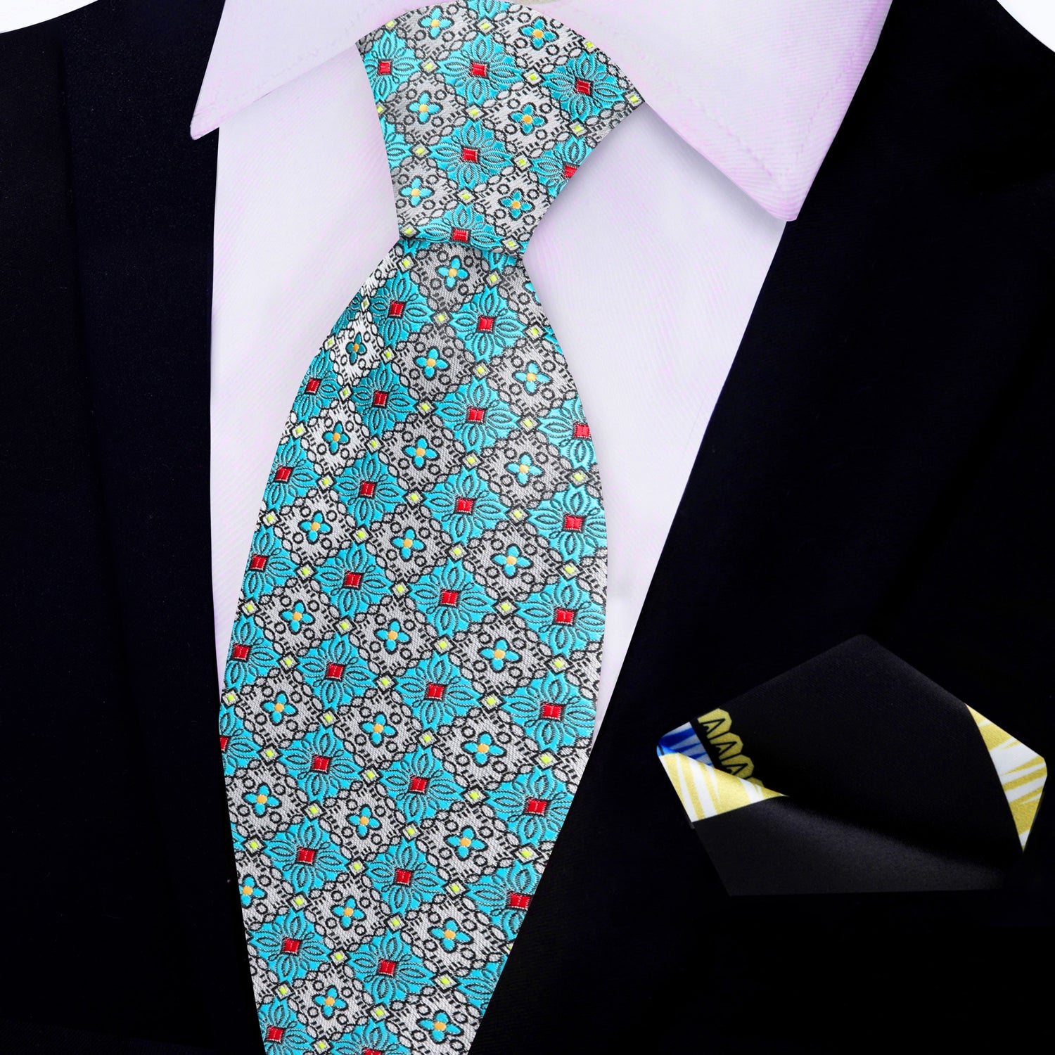 View 2: Grey, Light Blue Geometric Necktie and Accenting Black Abstract Square