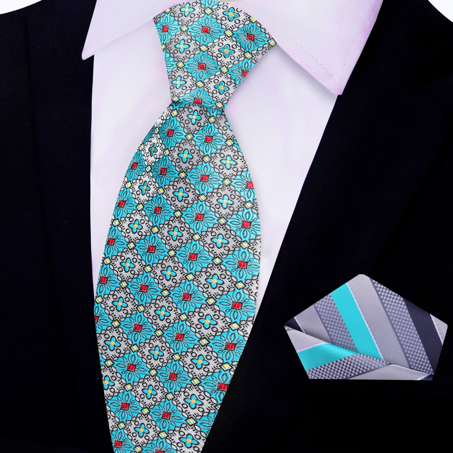 View 2: Grey, Light Blue Geometric Necktie and Accenting Stripe Square