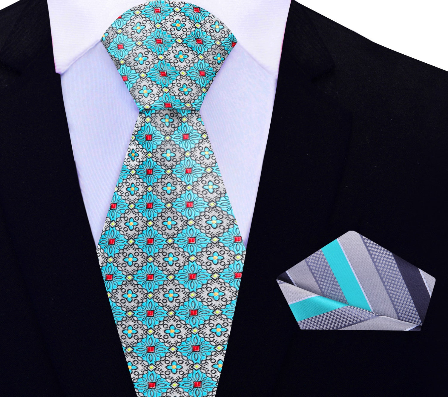 Grey, Light Blue Geometric Necktie and Accenting Stripe Square