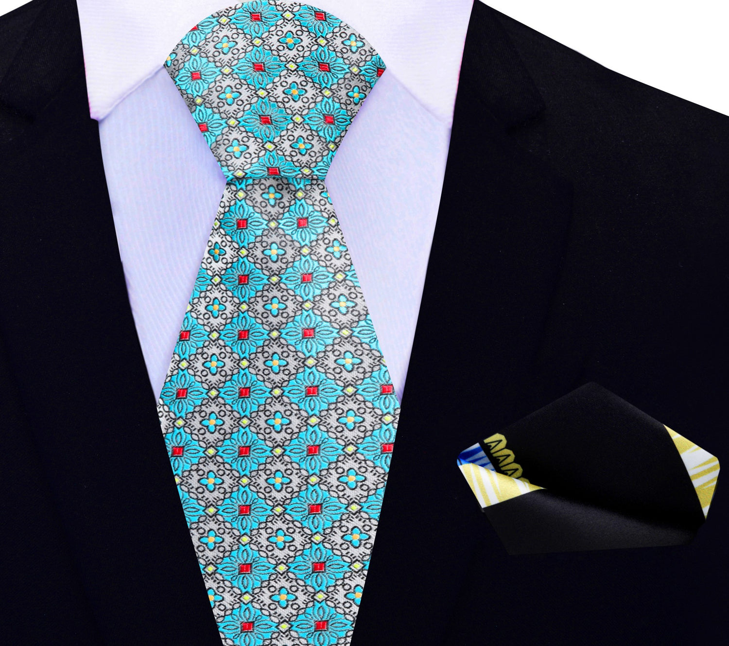 Grey, Light Blue Geometric Necktie and Accenting Black Abstract Square