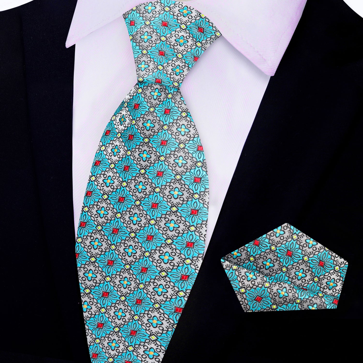 View 2: Grey, Light Blue Geometric Necktie and Matching Square