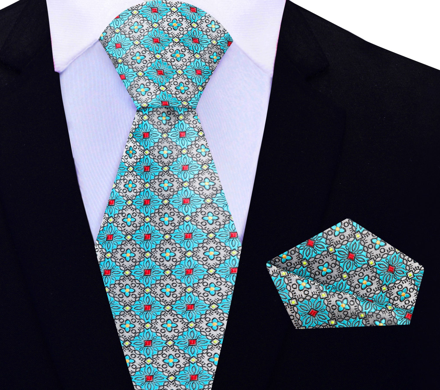 Grey, Light Blue Geometric Necktie and Matching Square