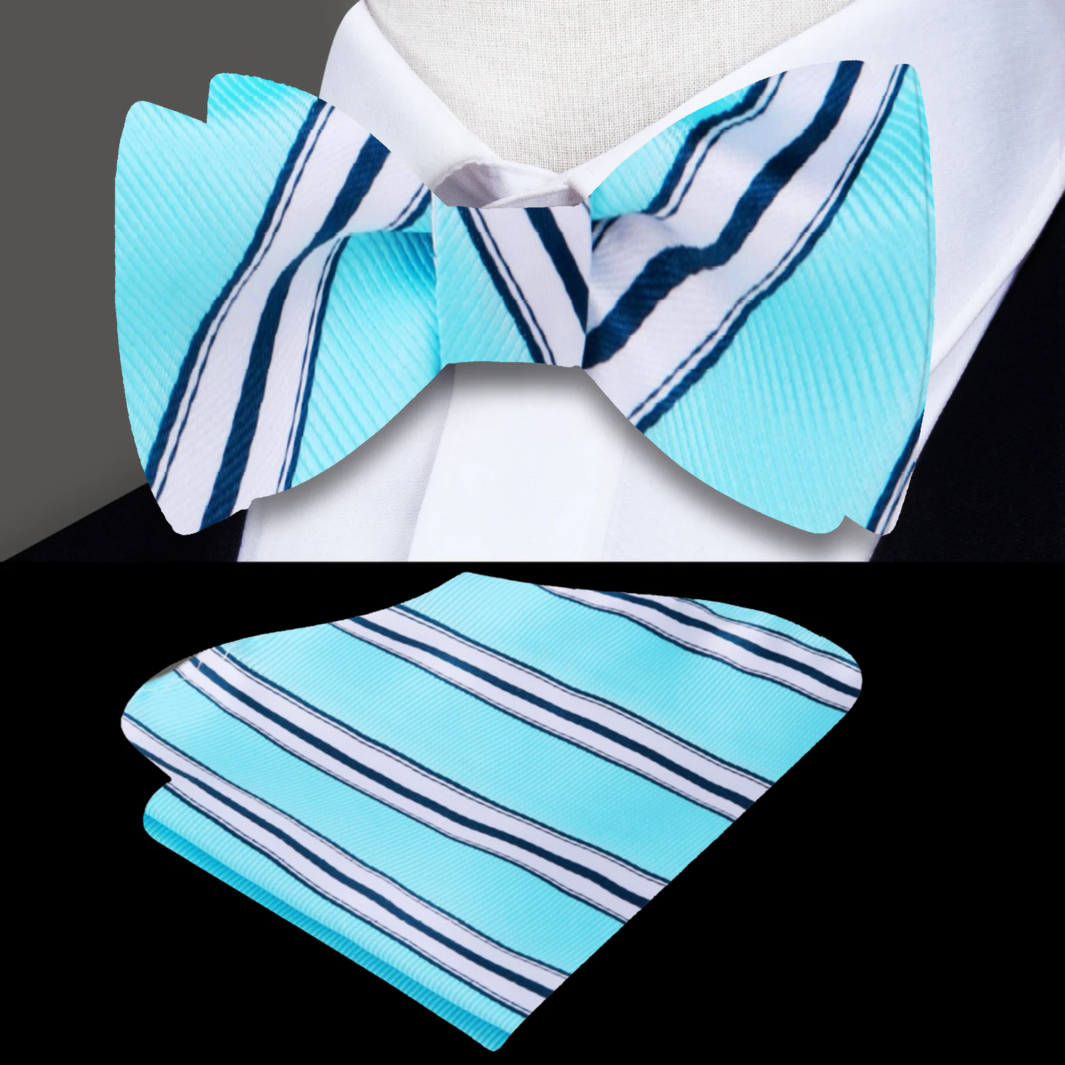 Light Blue, White Stripe Bow Tie and Pocket Square