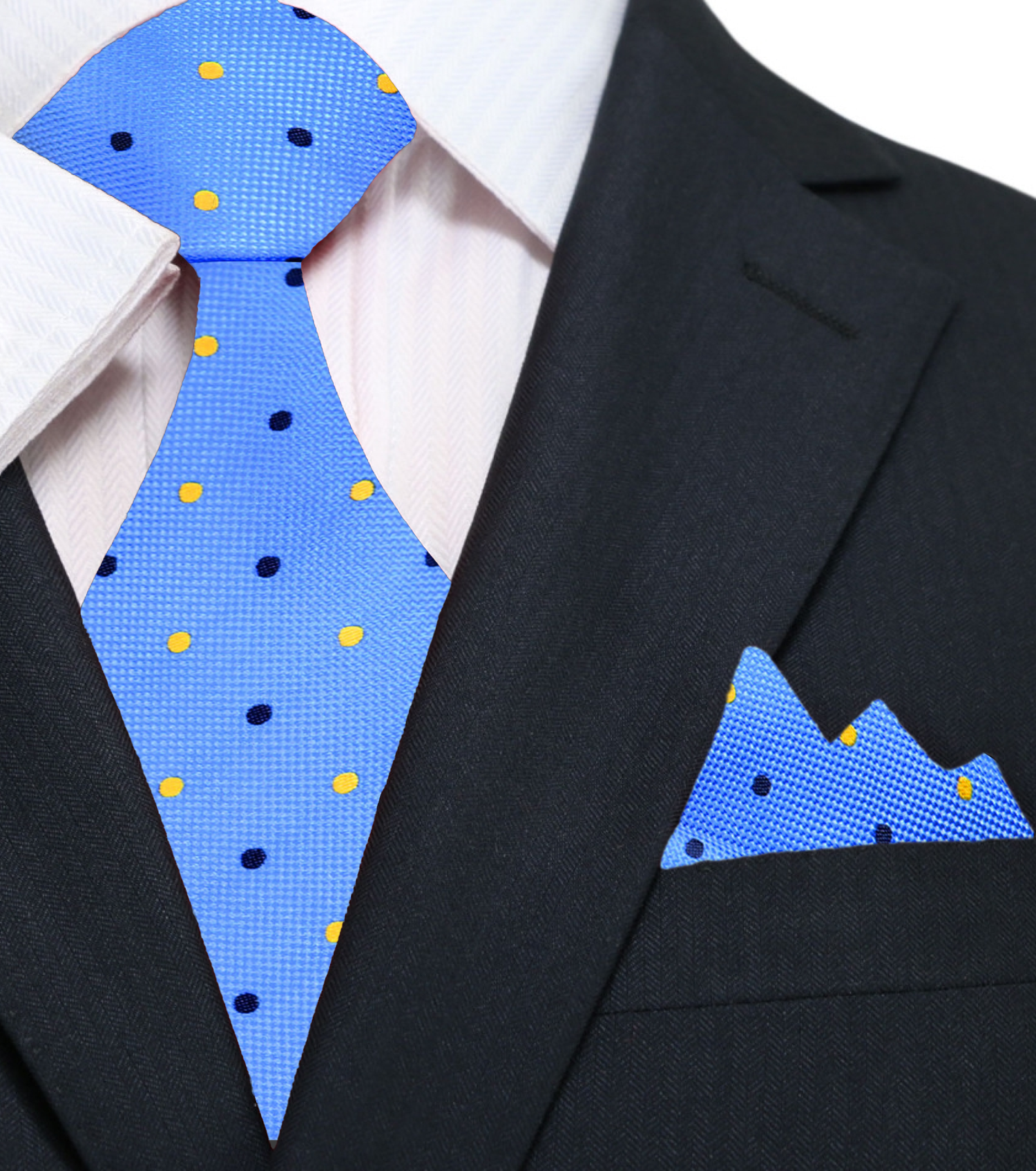 A Light Blue, Blue, Yellow Polka Dot Pattern Silk Necktie, Matching Pocket Square