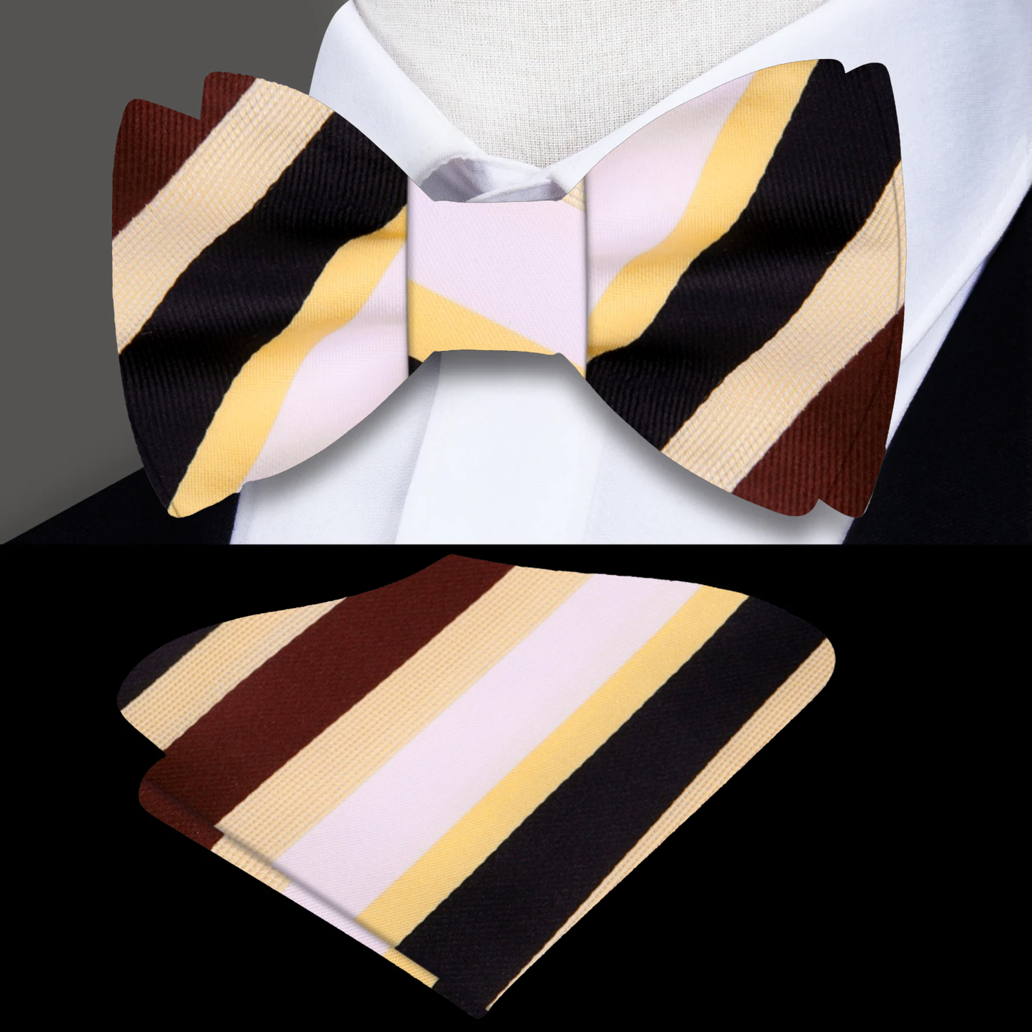 A Cream, Brown, Black Stripe Pattern Silk Self Tie Bow Tie, Matching Pocket Square