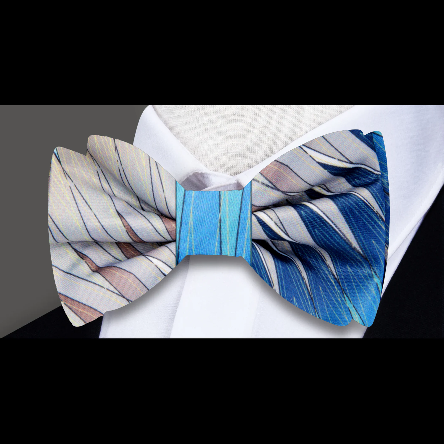 Light Brown, Blue Jagged Lines Bow Tie 
