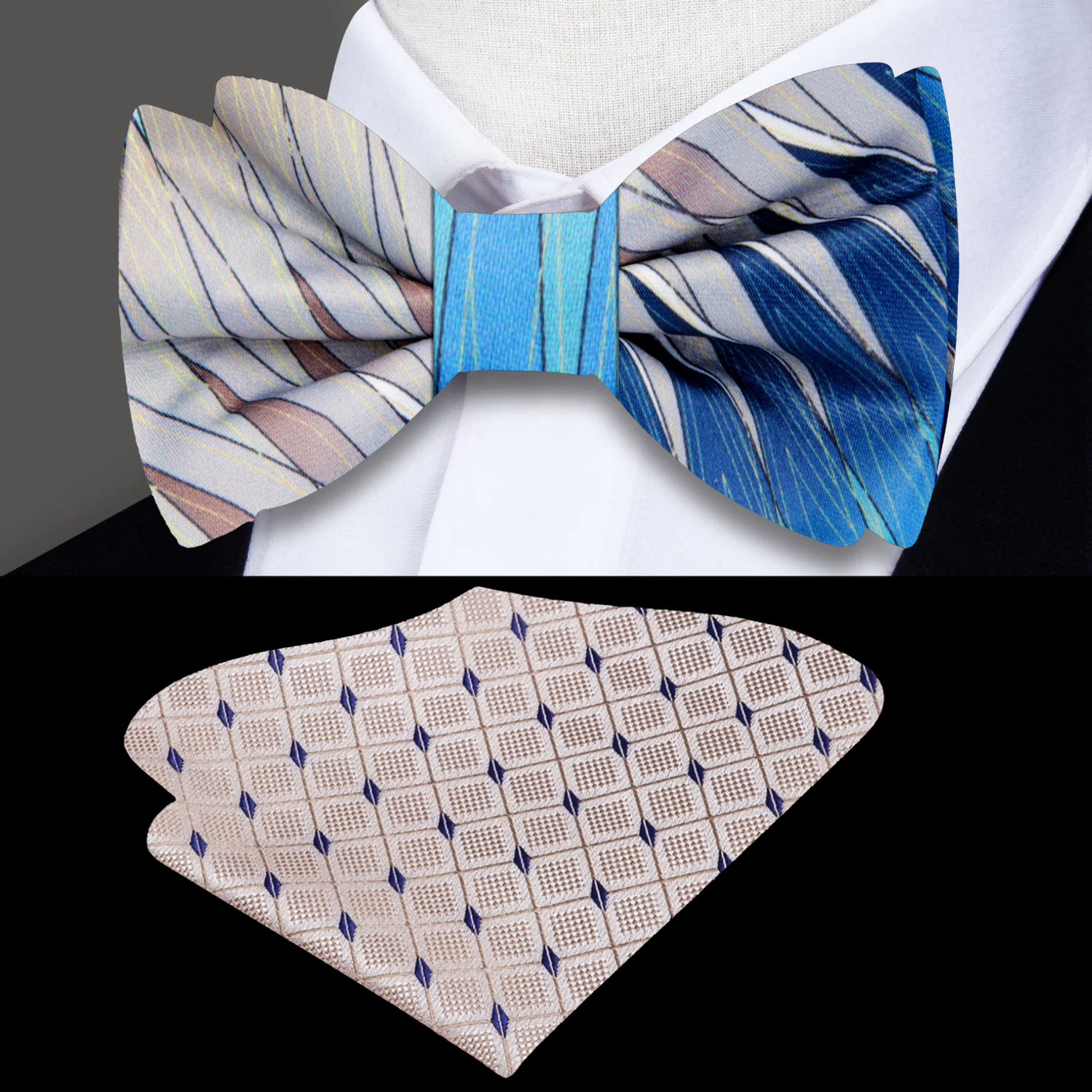 Light Brown, Blue Jagged Lines Bow Tie and Accenting Pocket Square