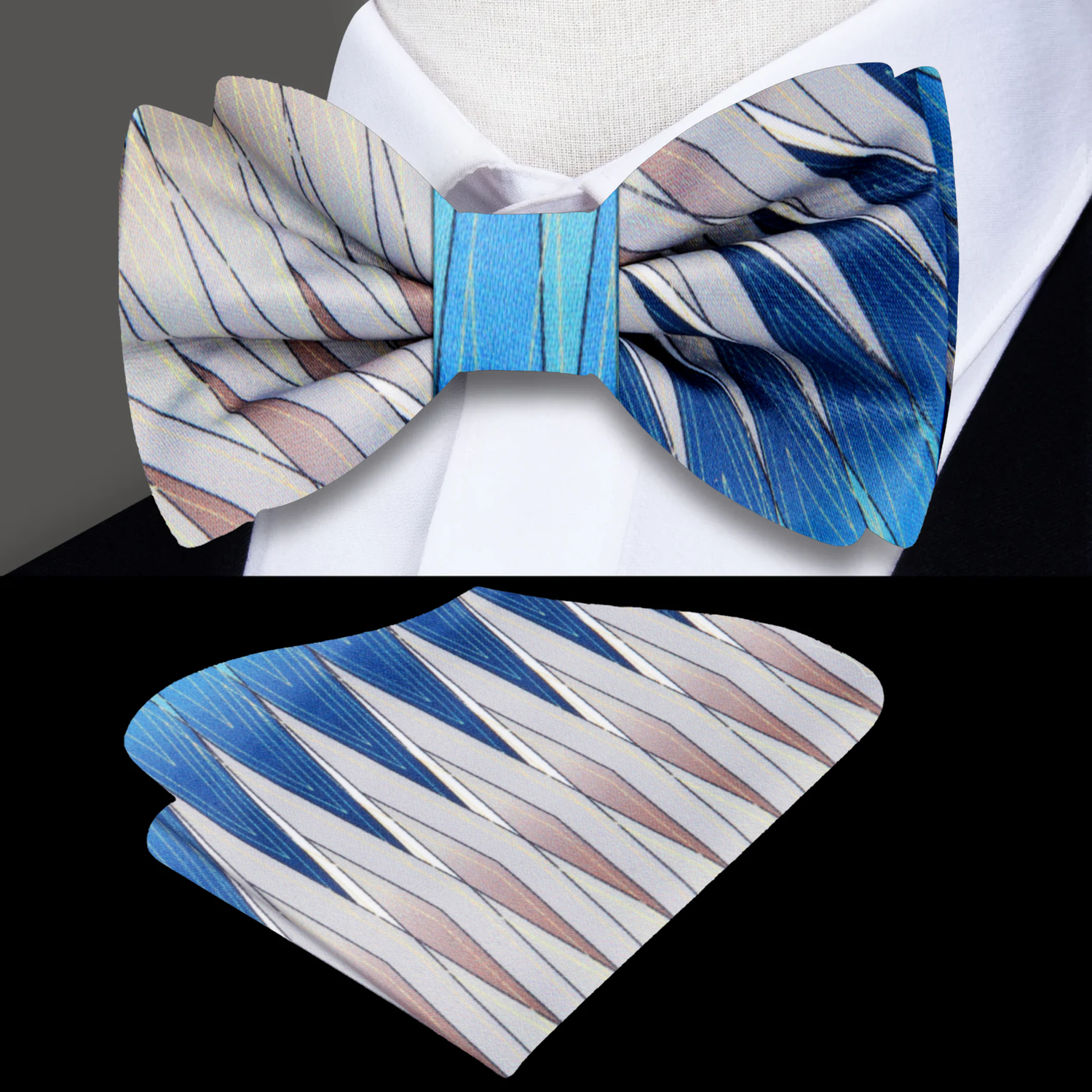 Light Brown, Blue Jagged Lines Bow Tie and Pocket Square