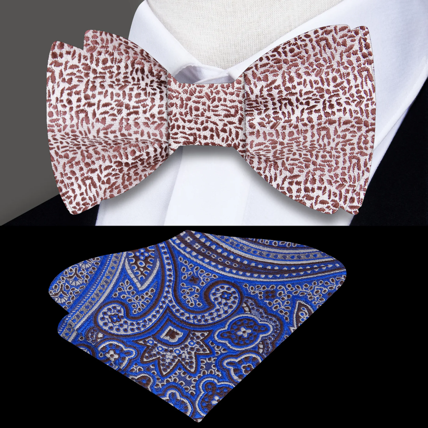A Cream, Mahogany Textured Pattern Silk Self Tie Bow Tie, Accenting Blue and Brown Paisley Pocket Square||Brown