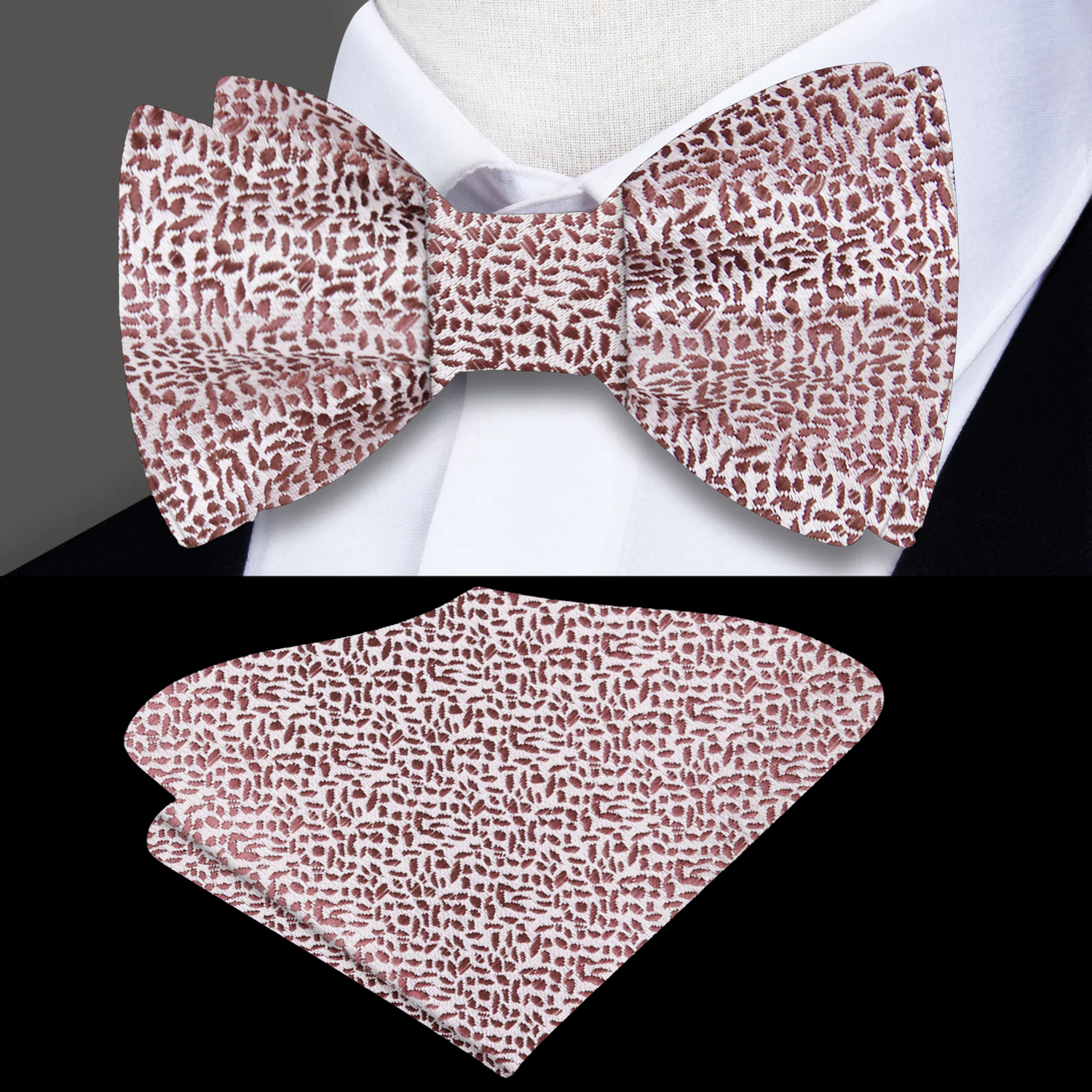 A Cream, Mahogany Textured Pattern Silk Self Tie Bow Tie, Matching Pocket Square||Brown