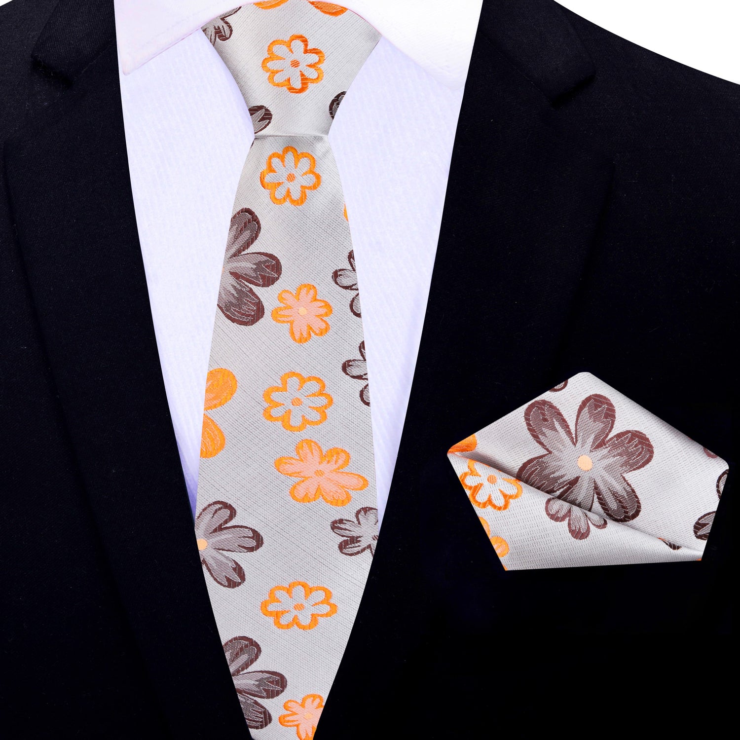 Thin Tie: Beige With Brown and Orange Flowers Necktie and Matching Square