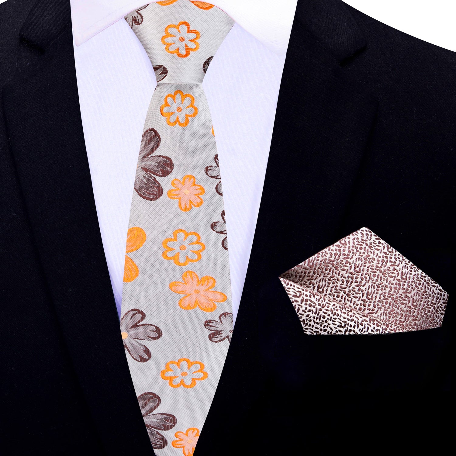 Thin Tie: Beige With Brown and Orange Flowers Necktie and Accenting Square