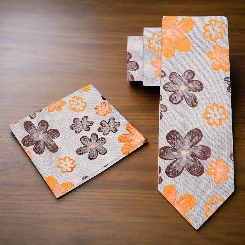 Alt View: Beige With Brown and Orange Flowers Necktie and Matching Square