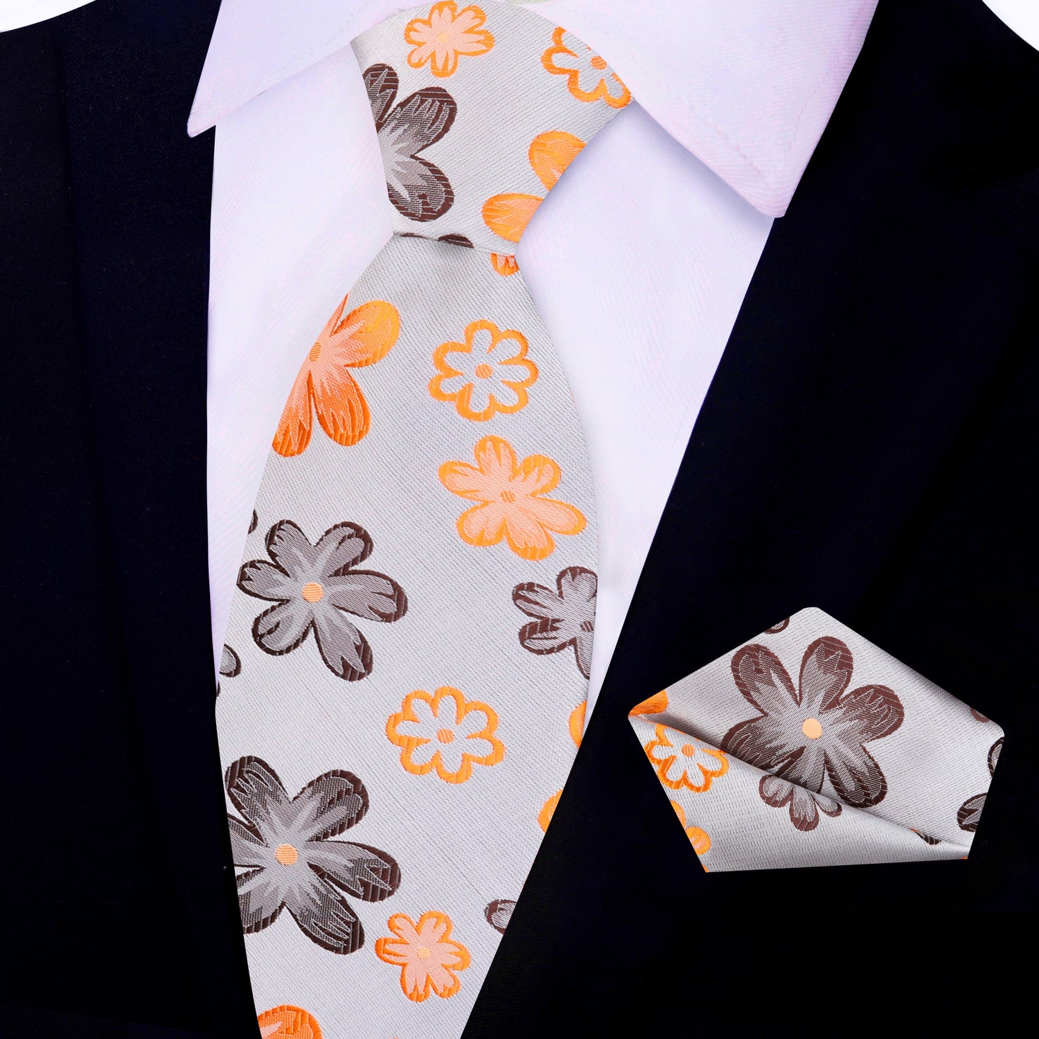 Beige With Brown and Orange Flowers Necktie and Matching Square