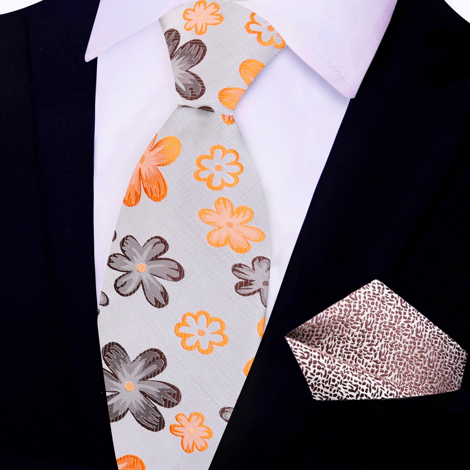 Beige With Brown and Orange Flowers Necktie and Accenting Square