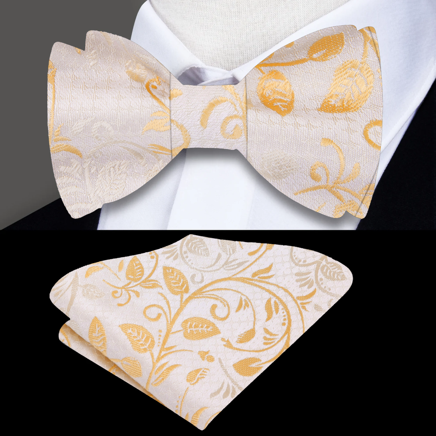 Light Brown, Cream Floral Vine Bow Tie and Square