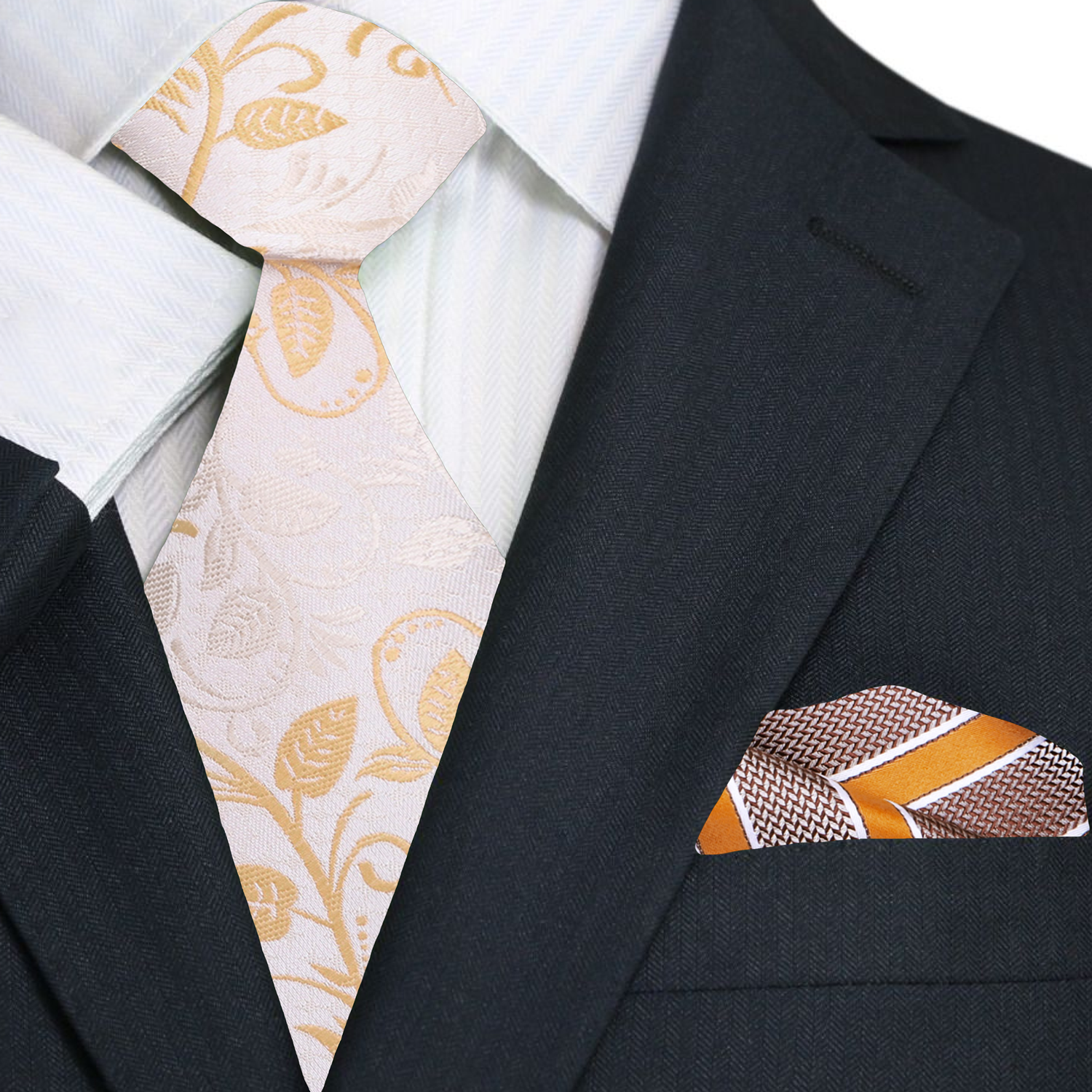 Beige & Tan Floral Vine Necktie | Warm Neutrals, Refined Detail Tie & Matching Square / XL (63") Beige & Tan Floral Vine Necktie | Warm Neutrals, Refined Detail Tie & Matching Square / XL (63")