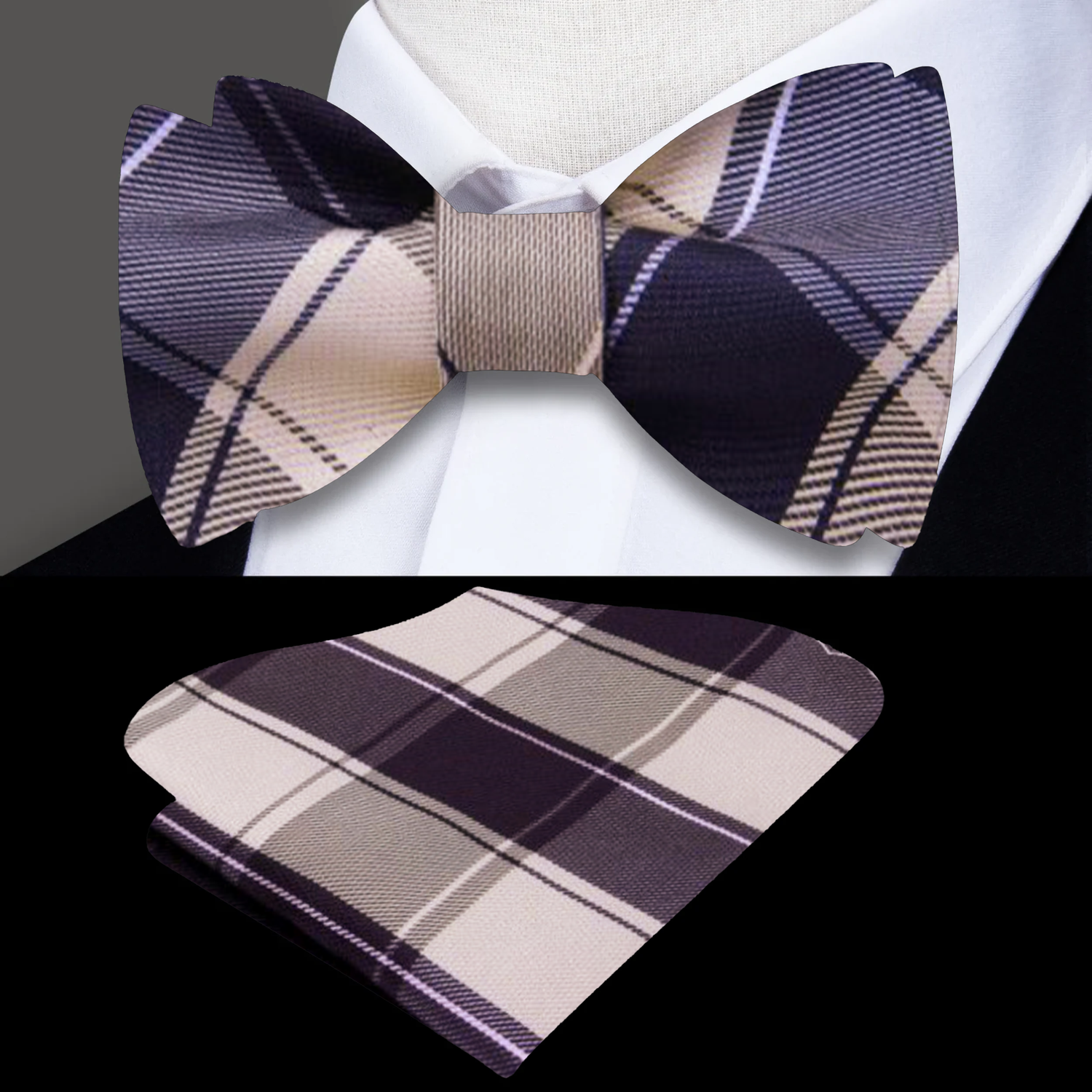 Brown Plaid Bow Tie and Square