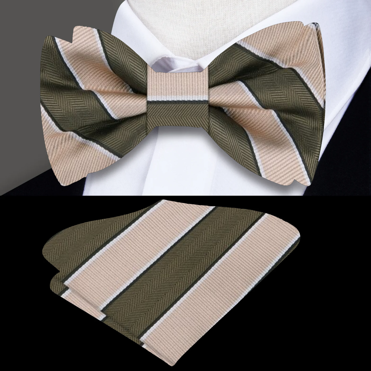 Sage Green, Light Brown Block Stripe Bow Tie and Square