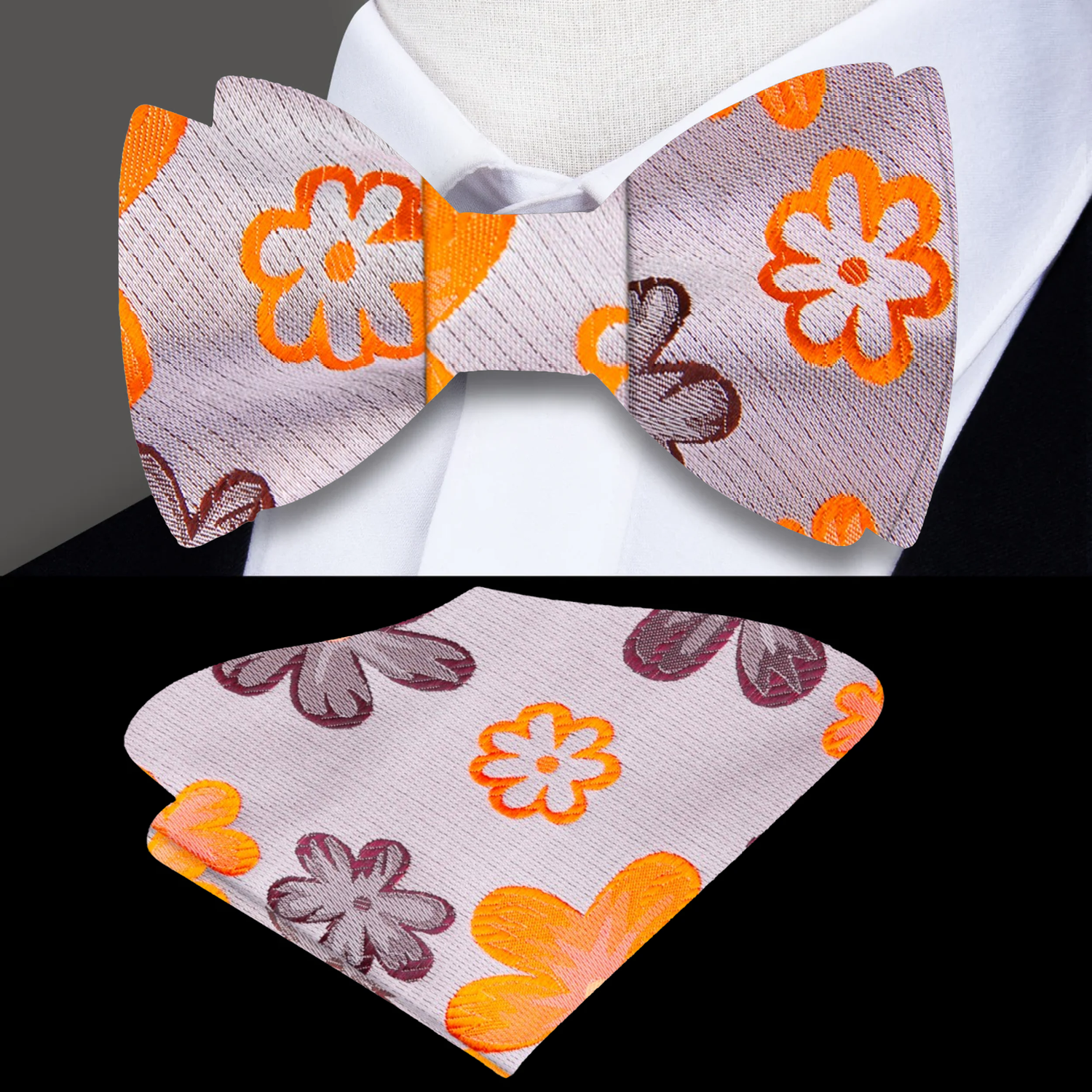 A Light Brown, Orange Flowers Pattern Silk Self Tie Bow Tie, Pocket Square