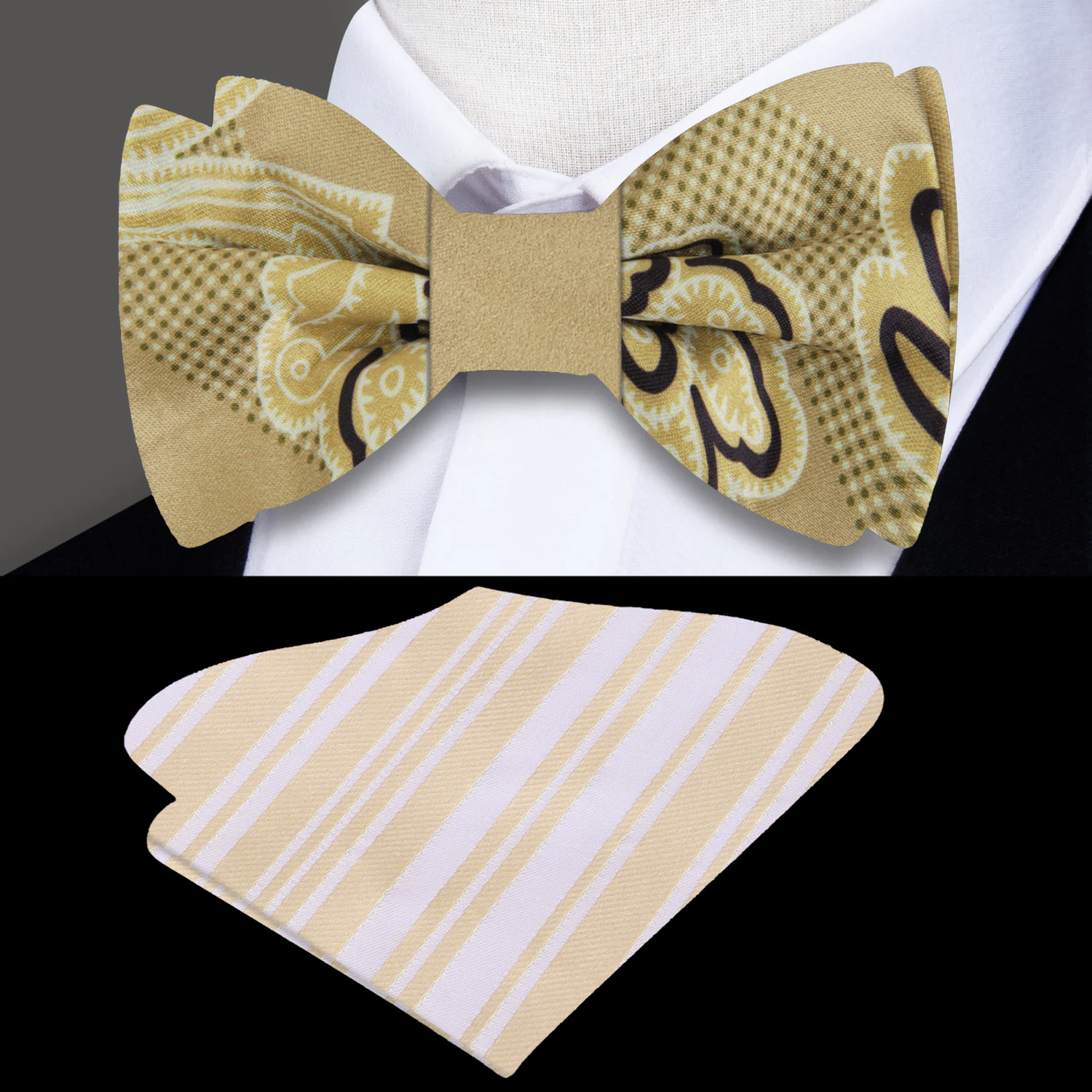 A Golden Topaz, Washed Yellow, Black Color Abstract Pattern Silk Bow Tie, Accenting Pocket Square