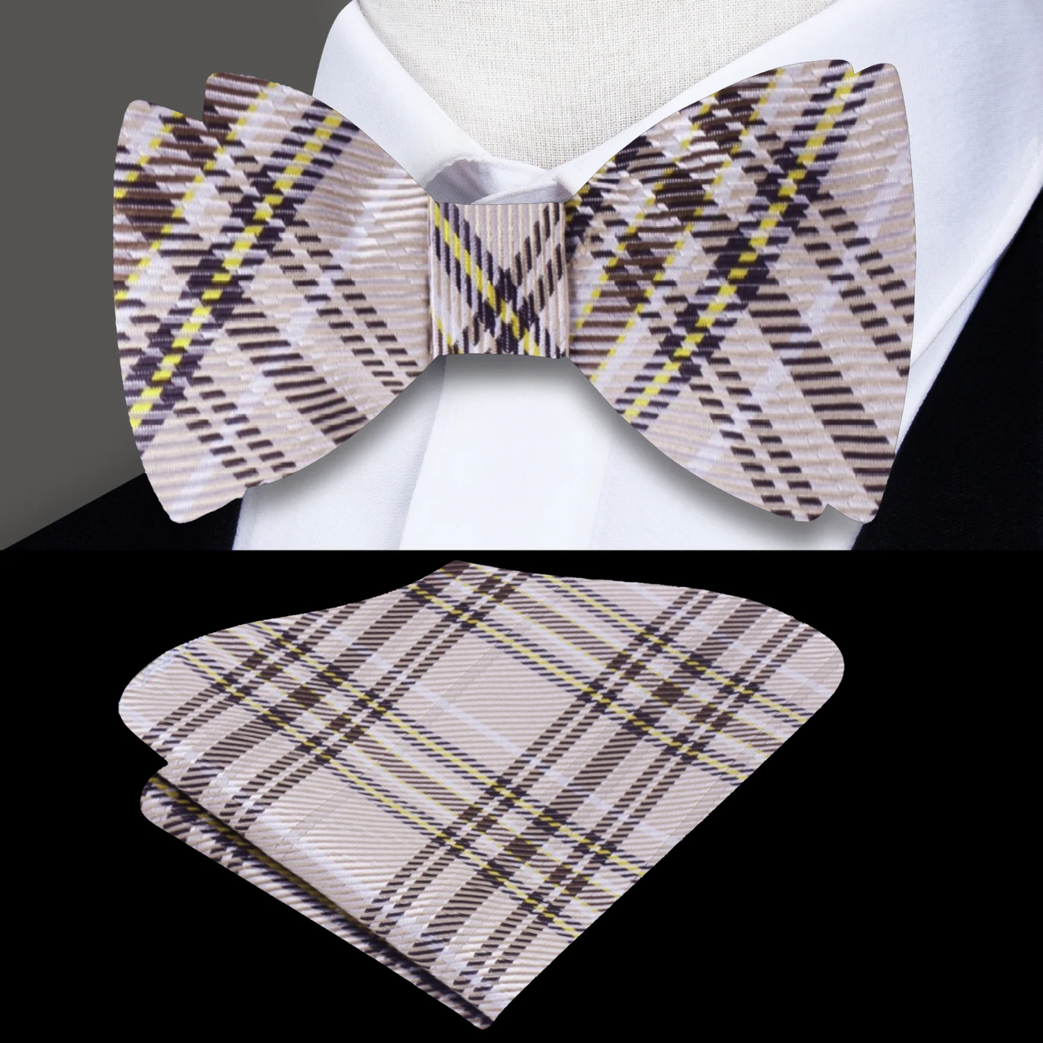 Light Brown Plaid Bow Tie and Square