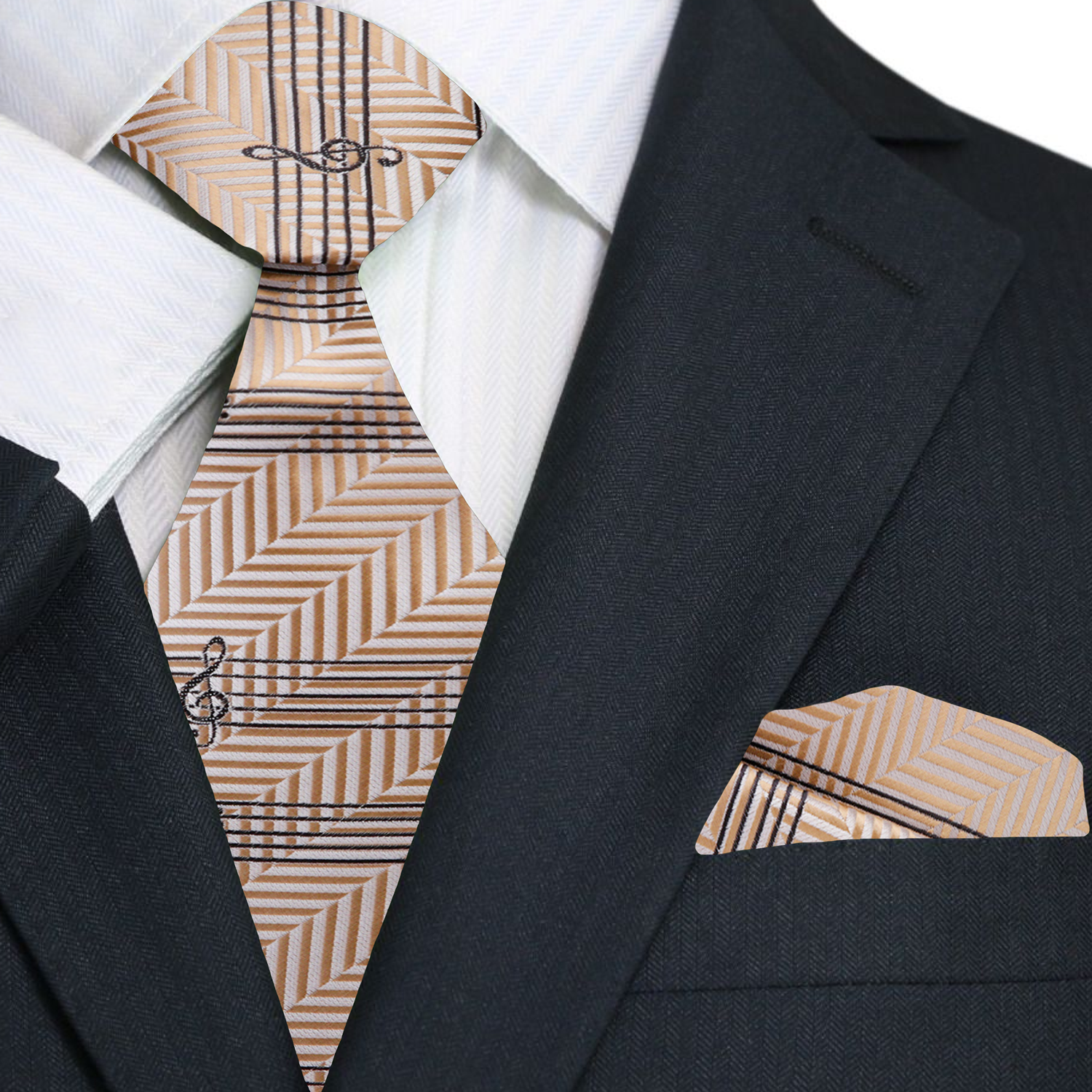 Premium Pale Golden Brown Printed Music Tie and Pocket Square