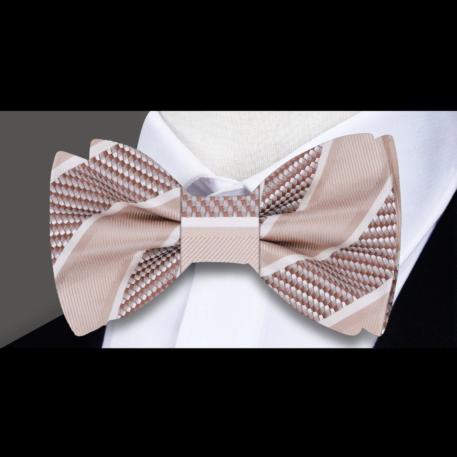Light Brown Block Stripe Bow Tie  
