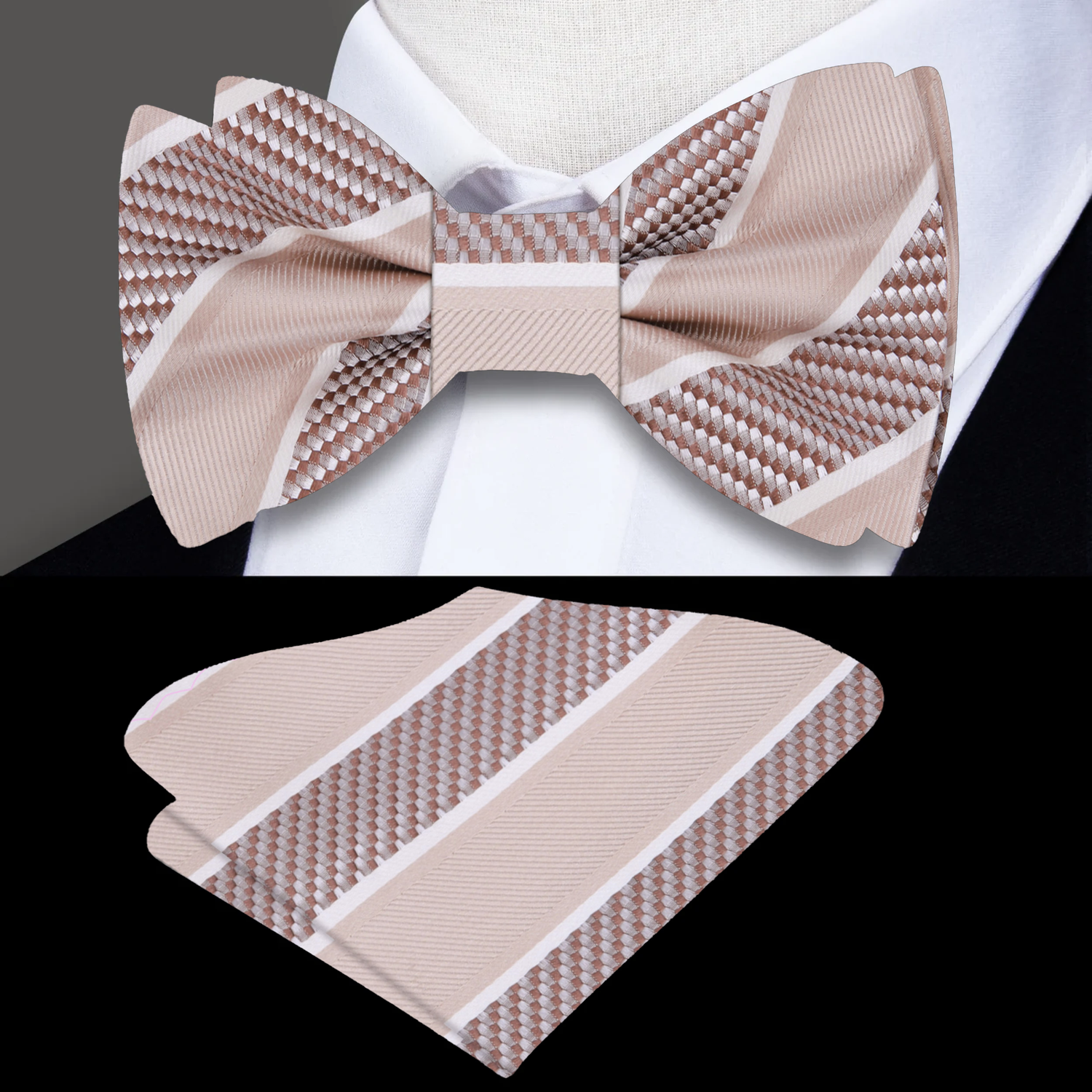 Light Brown Block Stripe Bow Tie and Square